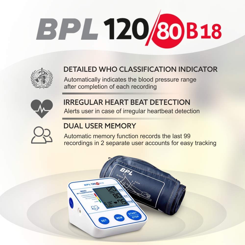 BPL मेडिकल टेक्नोलॉजीज BPL 120/80 B18 डिजिटल ब्लड प्रेशर मॉनिटर USB संगतता के साथ (सफ़ेद) | CE प्रमाणित
