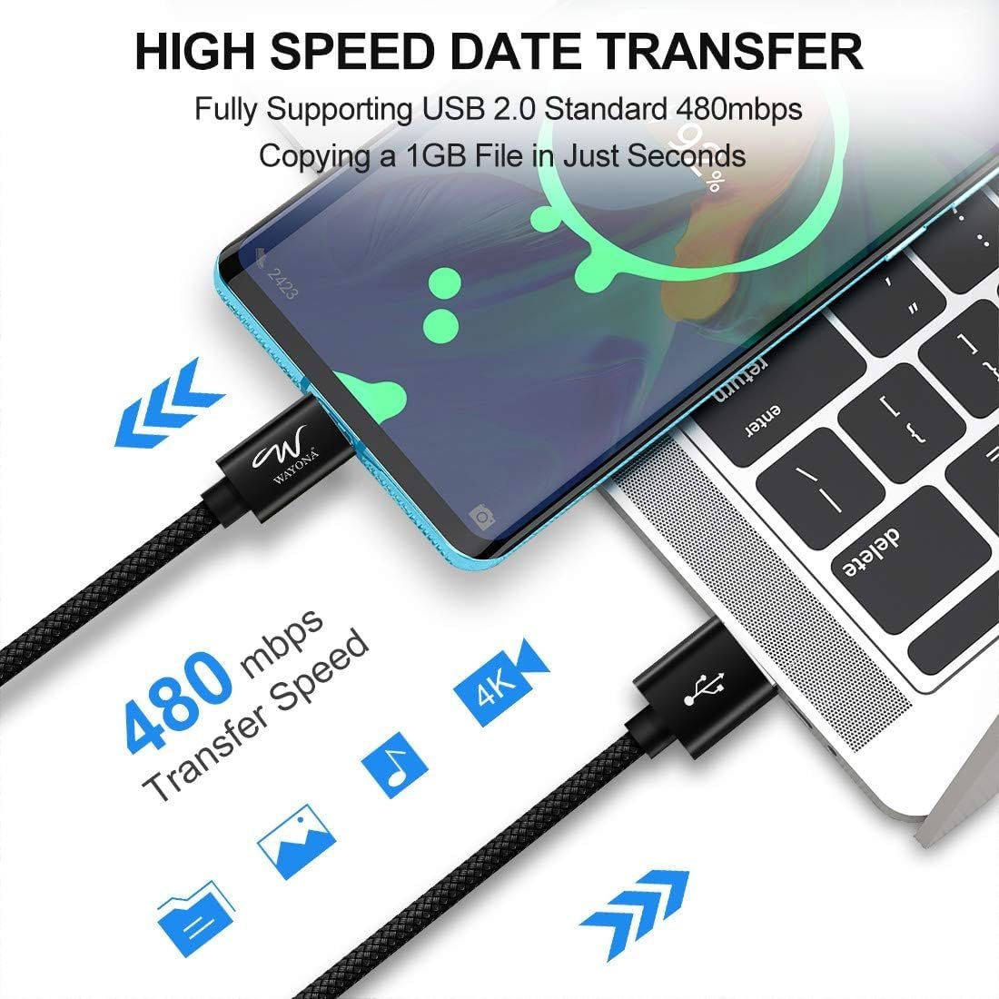 Wayona Type C 3Meter Nylon Braided 65W/3A Fast Charging USB C Long Cable Compatible for Samsung Galaxy S24, S23, S22, iPhone 15 Series, Android Auto, Apple CarPlay (10 FT Pack of 1, Black) - Image 4