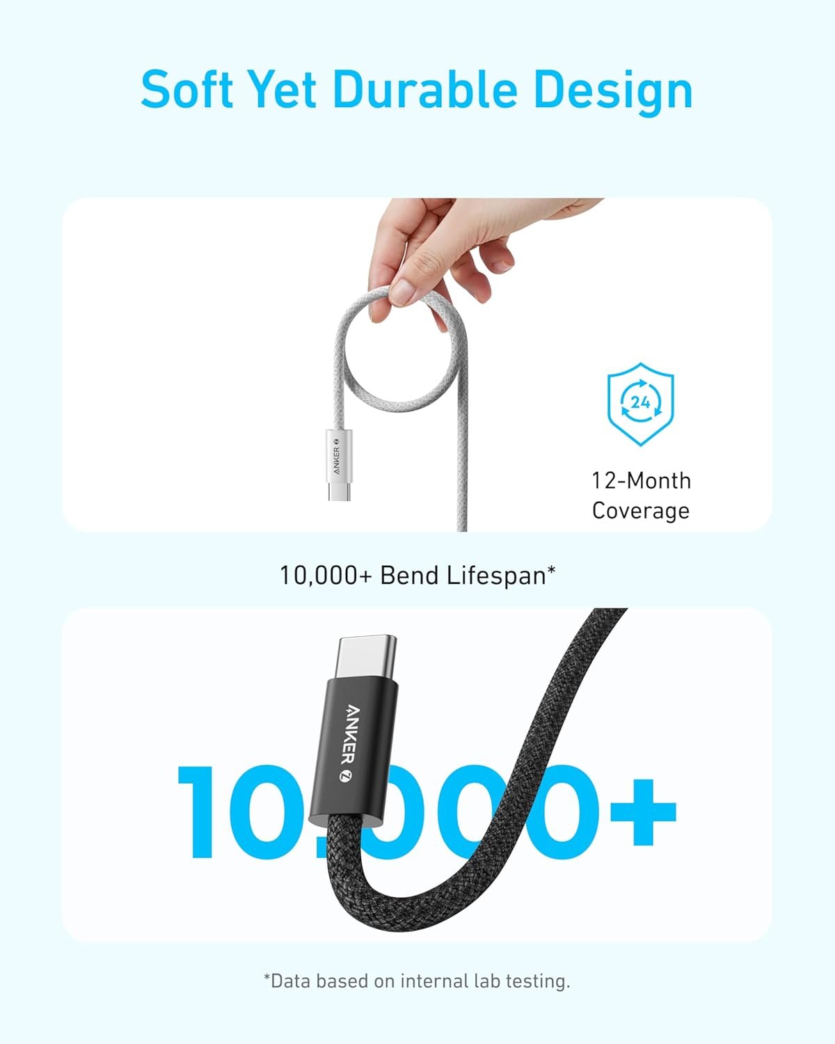 Anker Zolo USB C to USB C Cable, Braided and Dirt-Free Type C Fast Charging Cable, Slim Connector, for iPhone 16 Series, MacBook (240W) (Black, 6ft) - Image 7