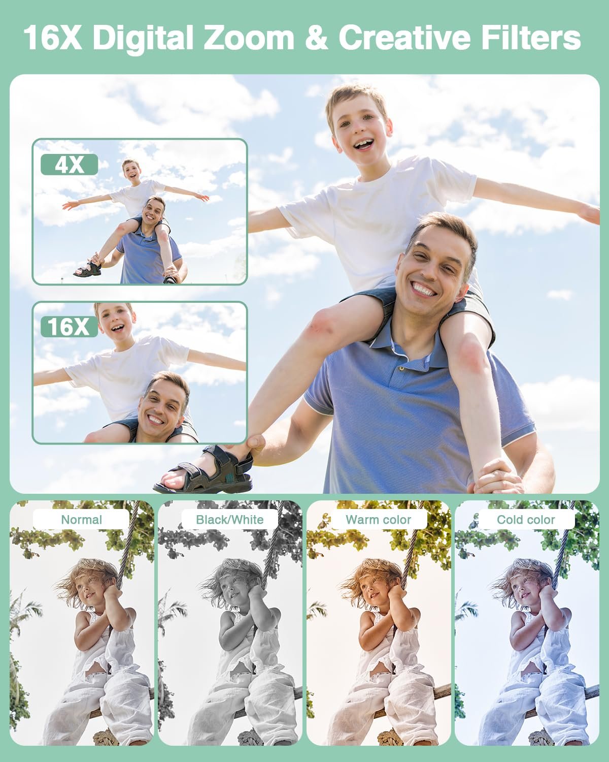 Lecran 1080p kids Digital Camera with 32Gb Card,2 Batteries,Lanyard,16X Zoom,Anti Shake,44Mp Compact Portable Small Point And Shoot Cameras For Kids Children Teens Girl Boy(Light Green) - Image 7