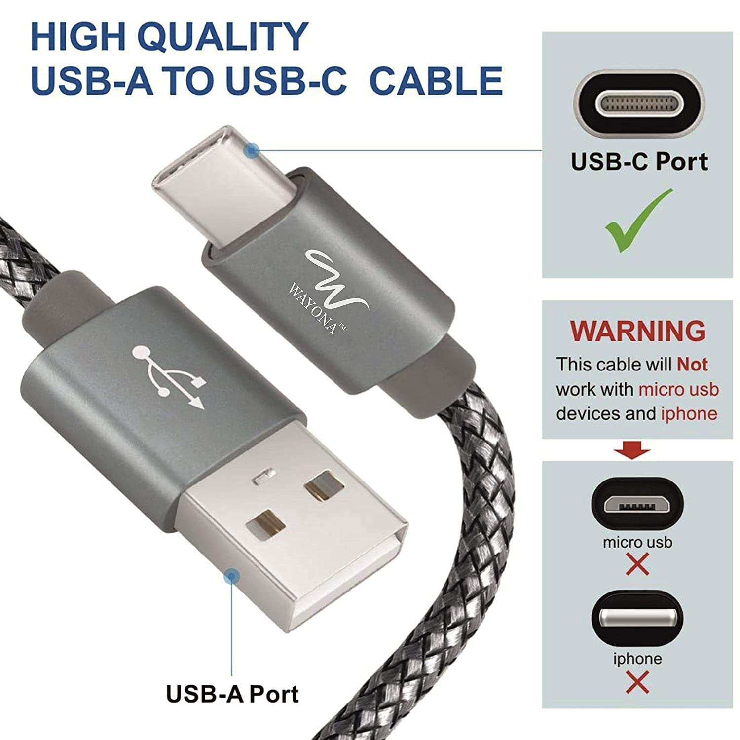 Wayona USB Type C 6FT 2Meter Charger Cable Fast Charging USB C Cable Compatible for Samsung Galaxy S10e S20 S9 S8 Plus S10+, Note 10 Note 9 Note 8,S20,M31s,M40 (6 FT Pack of 1, Grey) - Image 4