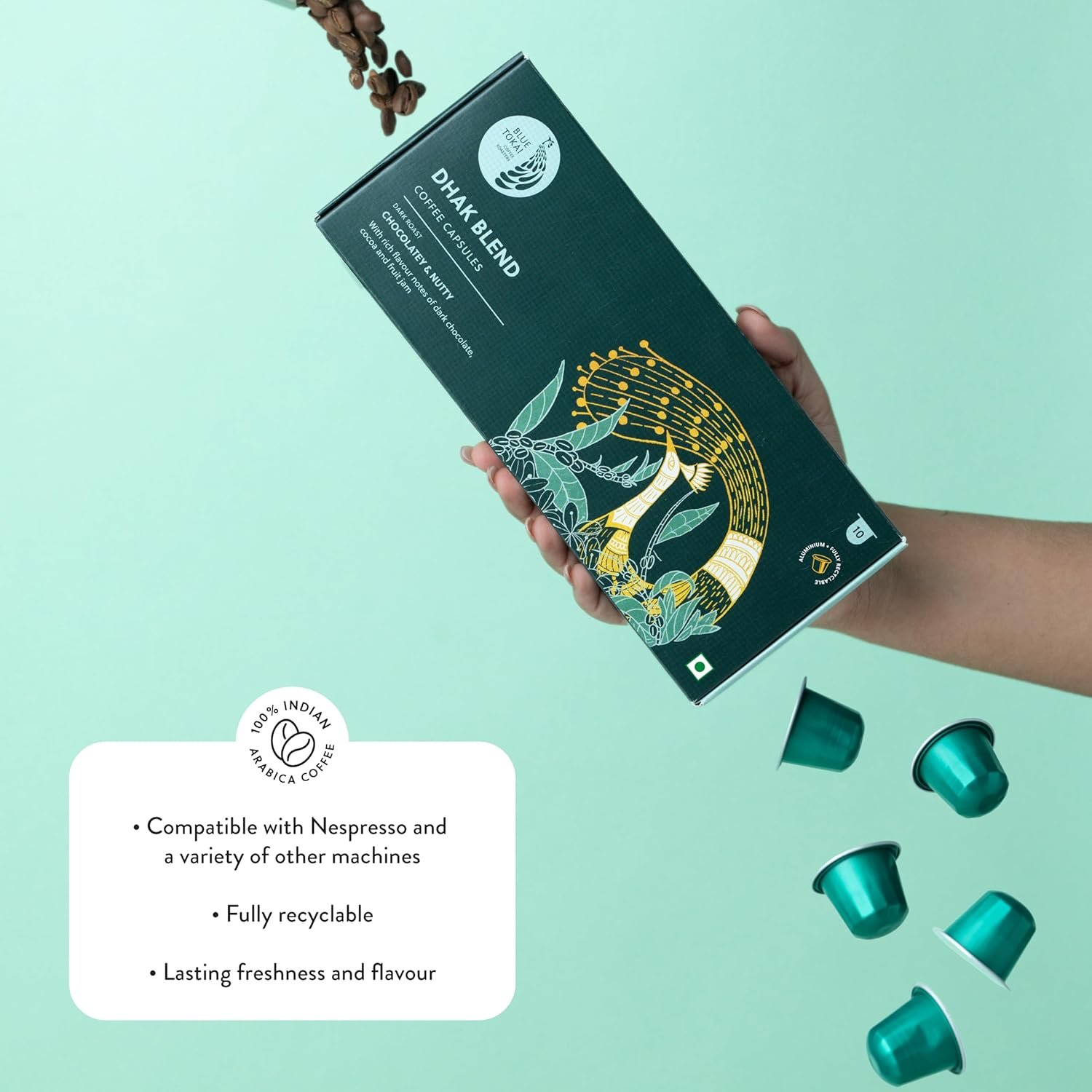 Blue Tokai Coffee Roasters Aluminium Capsules|Dhak Blend - Dark Roast|100% Arabica | Speciality Coffee | 10 Pods In Pack | Nespresso Competible Coffee Pods - Image 4