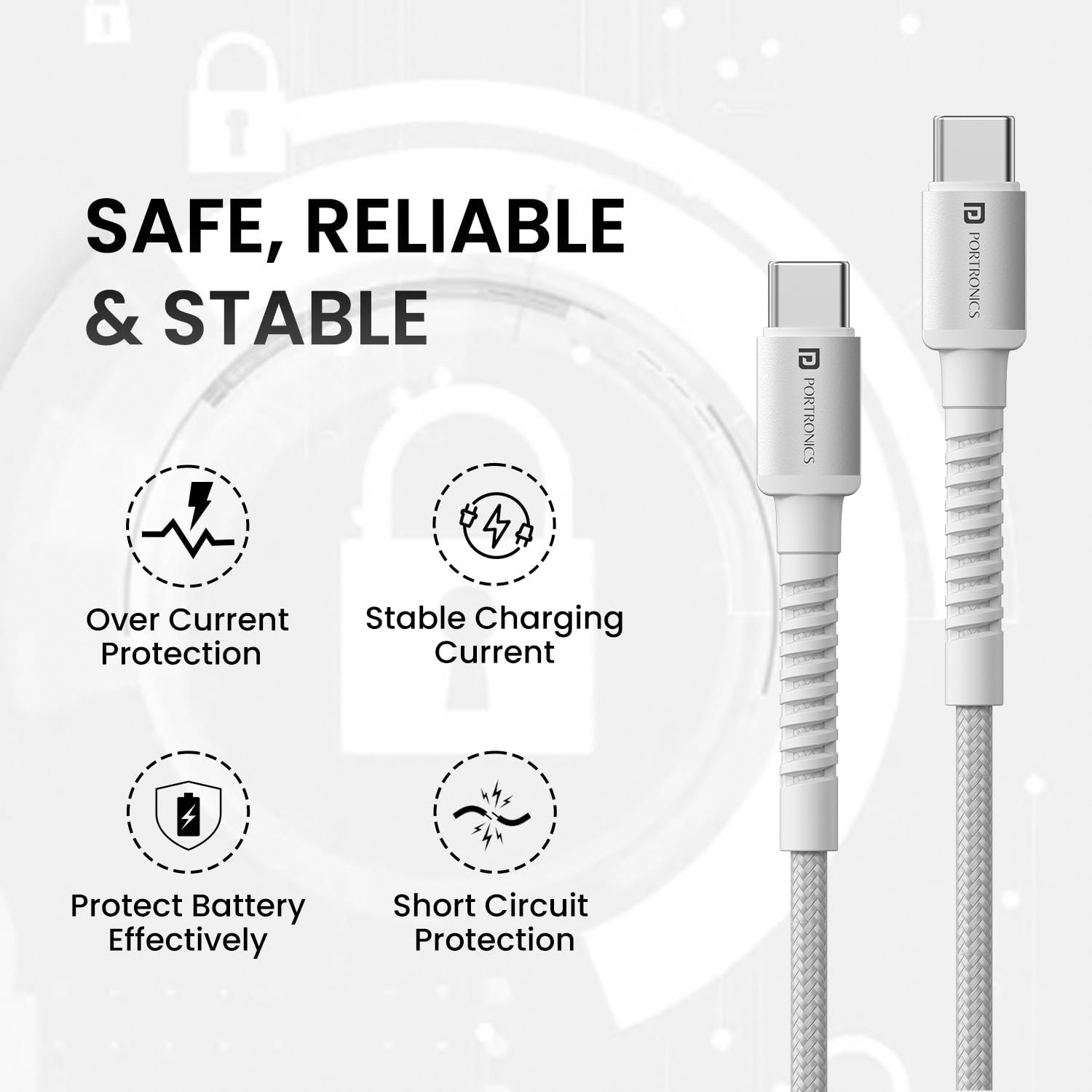 Portronics Konnect X 60W Type C to Type C Unbreakable Nylon Braided Cable, 2M Fast Charging Cable for iPhone 15 series, iPad, Samsung Galaxy & other Type C Devices(White) - Image 3