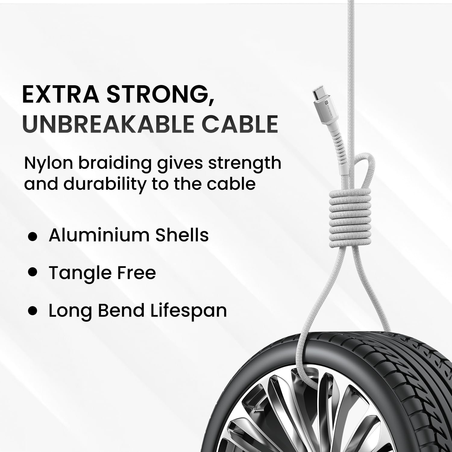 Portronics Konnect X 60W Type C to Type C Unbreakable Nylon Braided Cable, 2M Fast Charging Cable for iPhone 15 series, iPad, Samsung Galaxy & other Type C Devices(White) - Image 4