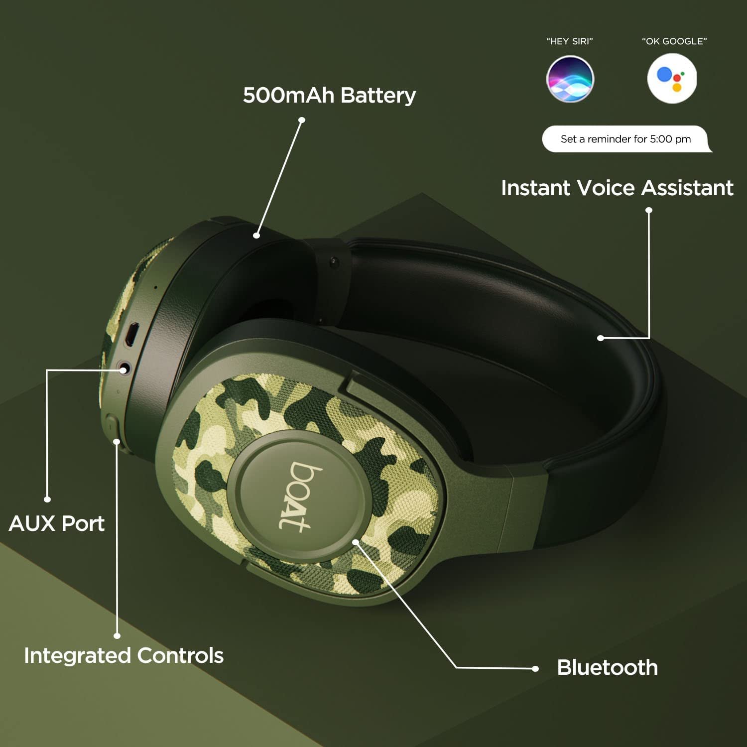 boAt Rockerz 558 Bluetooth Wireless Over Ear Headphones with Mic Upto 20 Hours Playback, 50MM Drivers, Soft Padded Ear Cushions and Physical Noise Isolation(Army Green) - Image 7