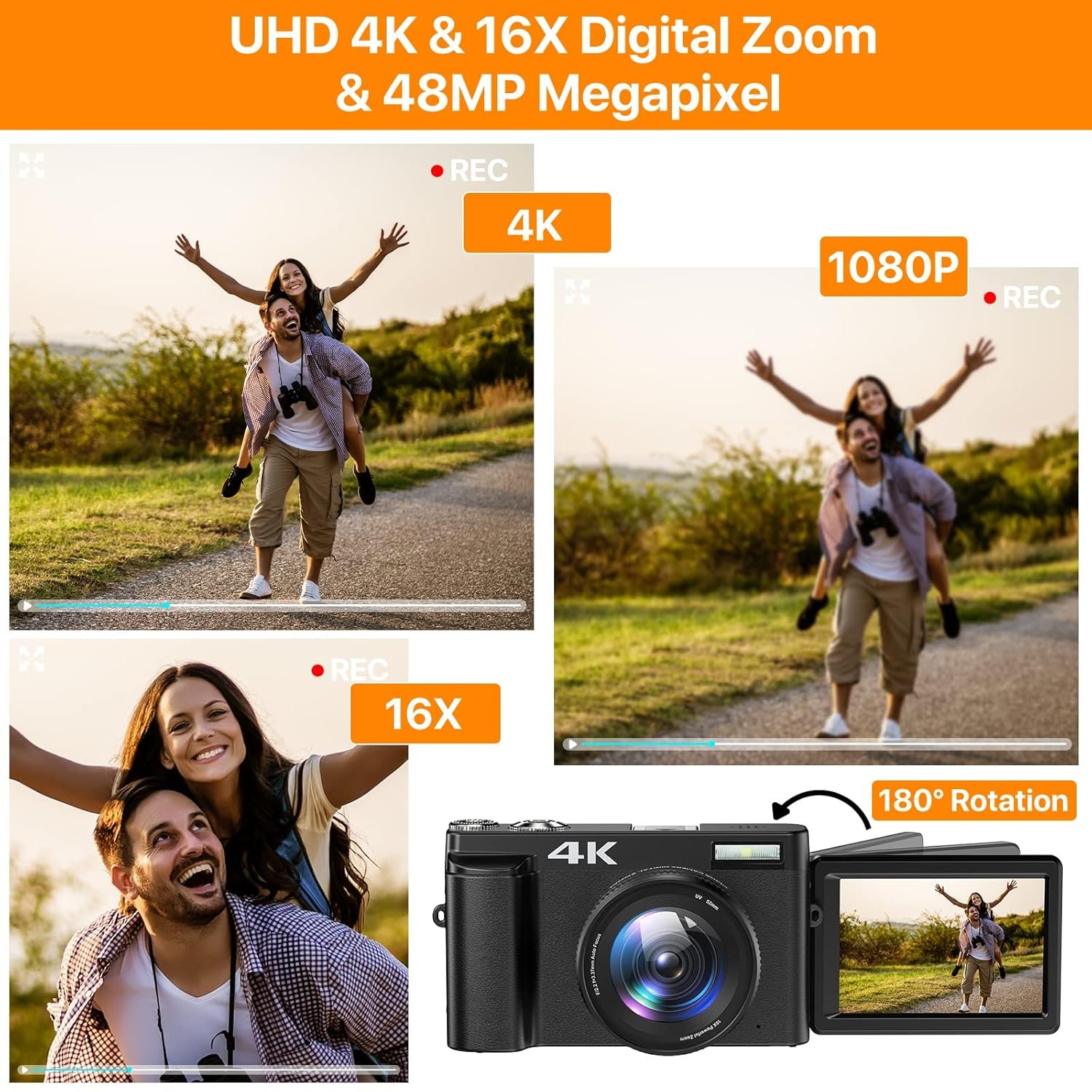 4K Digital Camera for Photography and Video Autofocus 16X Digital Zoom, 48MP Vlogging Camera with 32GB SD Card, 3'' 180° Flip Screen Compact Camera for Travel,2 Batteries Charger Stand - Image 4