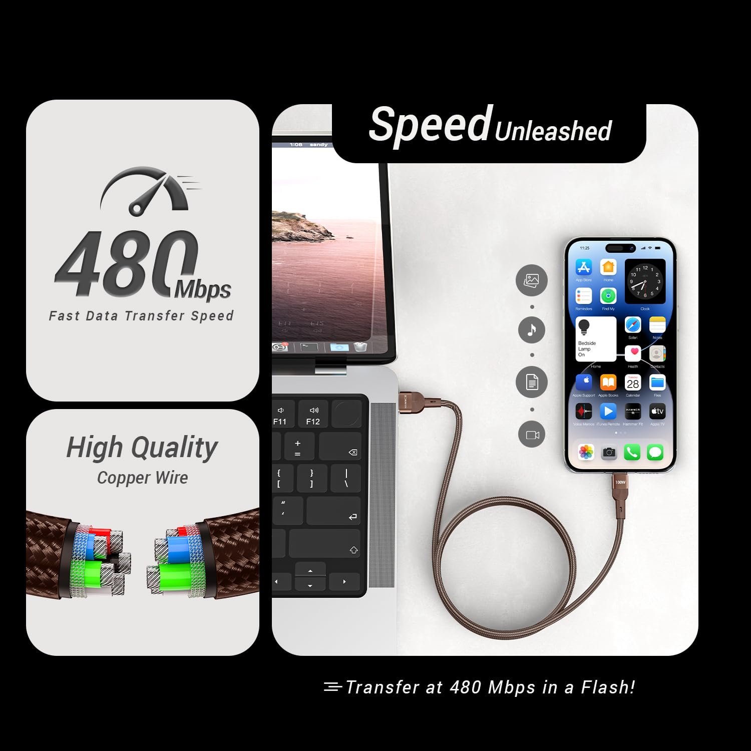 HAMMER 100W 5A USB to Type-C for OnePlus with WARP/VOOC/FLASH support, Super Fast Charging Cable,1.2M Nylon Braided,Tangle free,480Mbps Data Transfer, supports OPPO (Brown) - Image 3