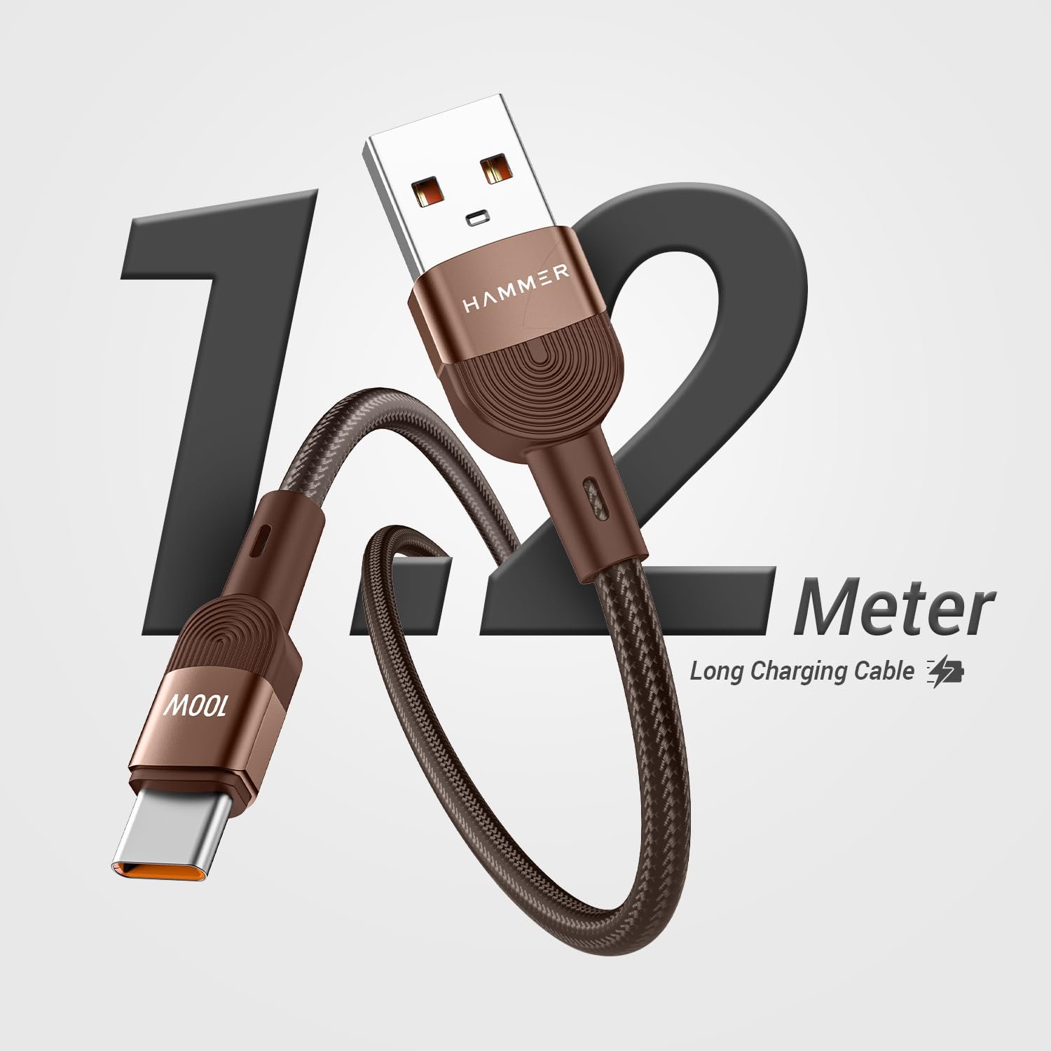 HAMMER 100W 5A USB to Type-C for OnePlus with WARP/VOOC/FLASH support, Super Fast Charging Cable,1.2M Nylon Braided,Tangle free,480Mbps Data Transfer, supports OPPO (Brown) - Image 5