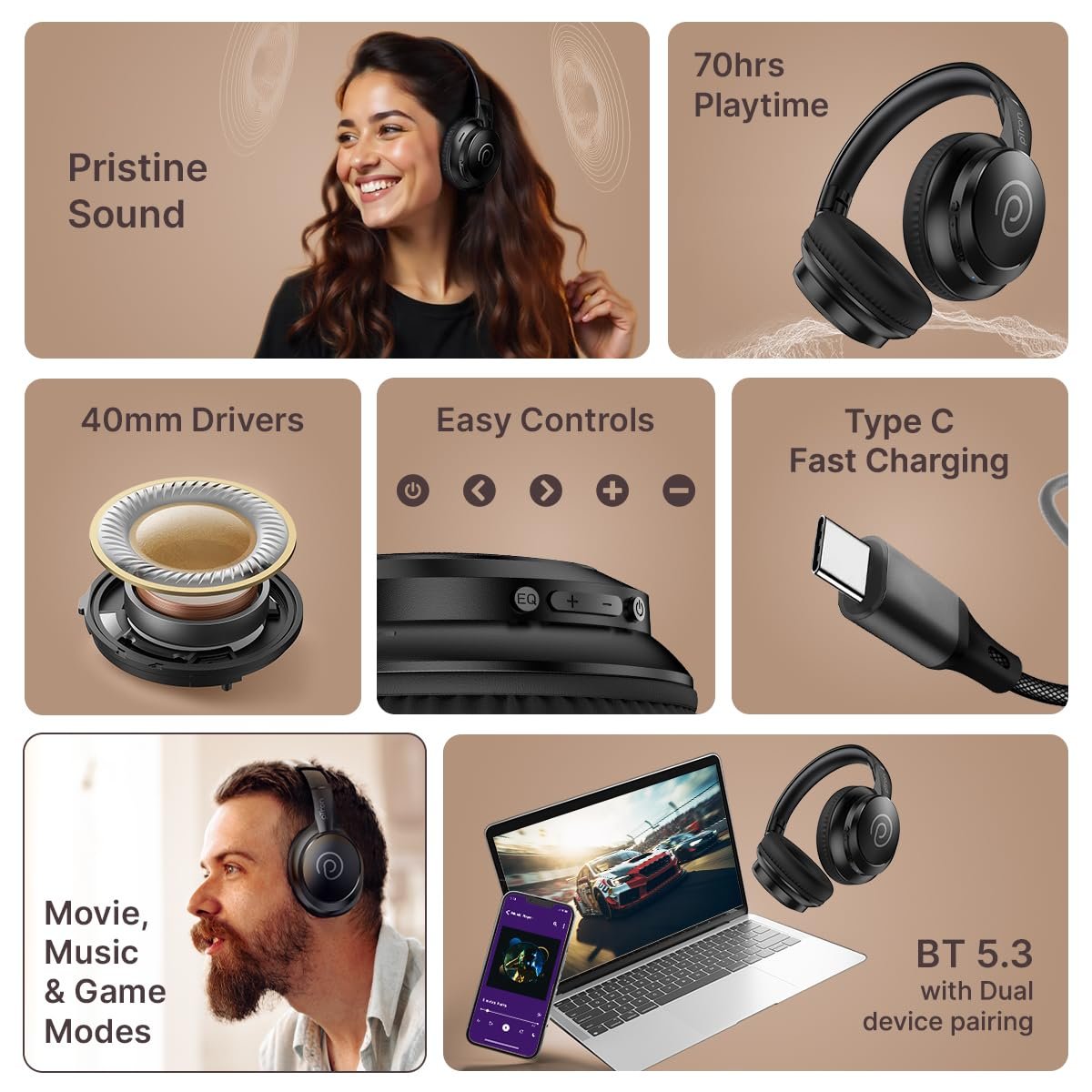 pTron Studio Evo 70hrs Playtime Wireless Over Ear Headphones with HD Mic, Low-Latency Game/Movie/Music Modes, Punchy Bass, BT5.3, Dual Device Pairing, Voice Assistant & Type-C Fast Charging (Black) - Image 3