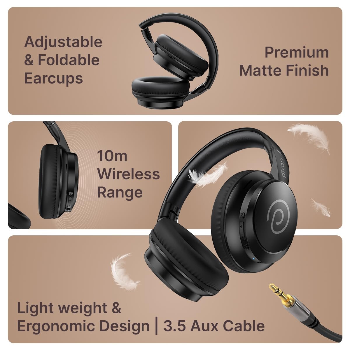 pTron Studio Evo 70hrs Playtime Wireless Over Ear Headphones with HD Mic, Low-Latency Game/Movie/Music Modes, Punchy Bass, BT5.3, Dual Device Pairing, Voice Assistant & Type-C Fast Charging (Black) - Image 4