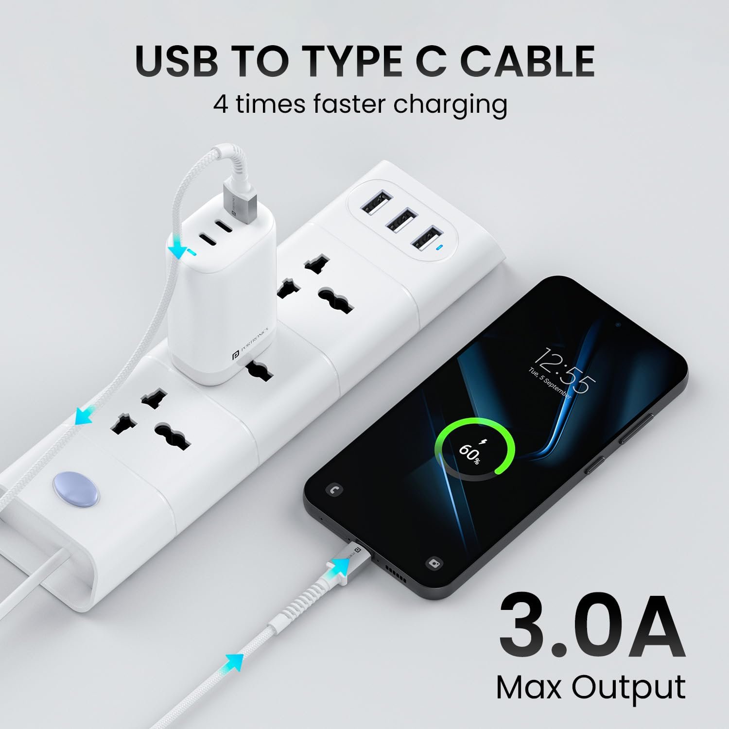 Portronics Konnect X USB to Type C Cable with 3A Output, Fast Charging & Data Transfer, Nylon Braided, Aluminium Alloy Shell, 1M Length compatible with Type C Smartphones(White) - Image 4