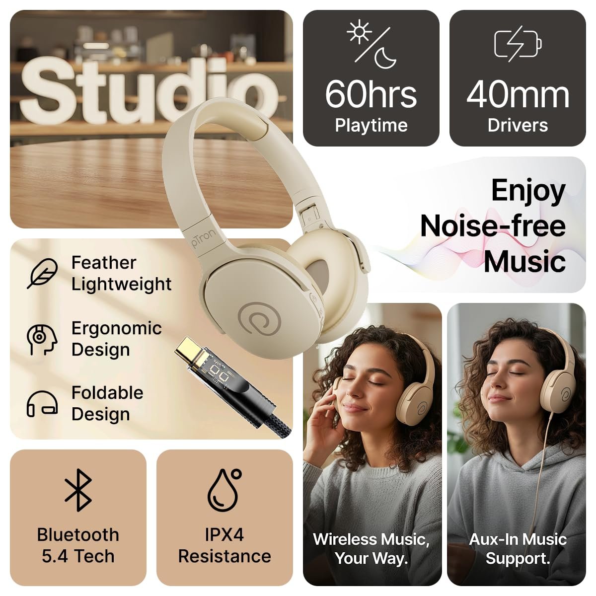 pTron Studio w/ 60Hrs Playtime, Wireless Over-Ear Headphones with HD Mic, Immersive Sound, 40mm Drivers, Bluetooth V5.4, Dual-Device Pairing, 3.5mm Aux Port, TF Card Slot & Type-C Fast Charging(Beige) - Image 3