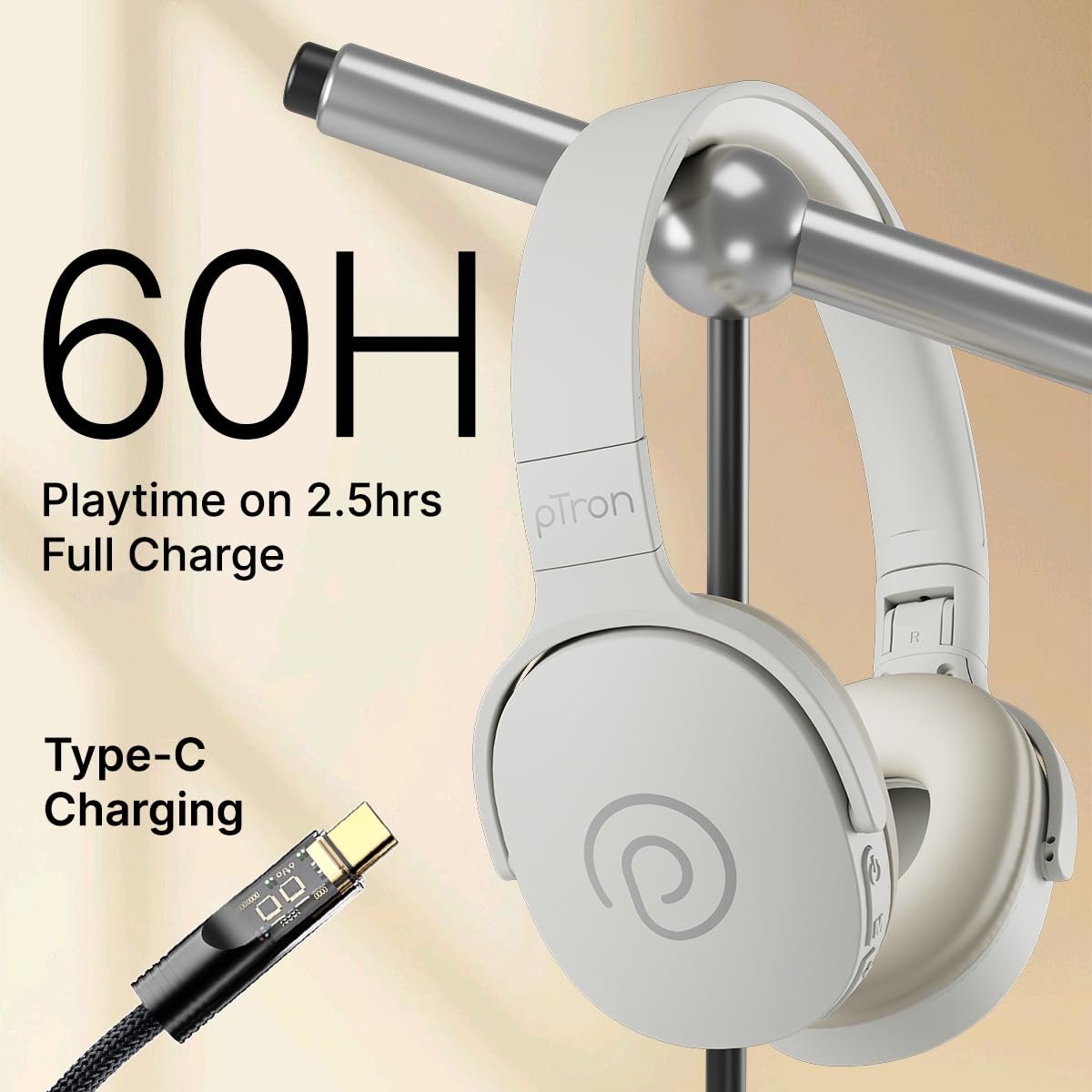 pTron Studio w/ 60Hrs Playtime, Wireless Over-Ear Headphones with HD Mic, Immersive Sound, 40mm Drivers, Bluetooth V5.4, Dual-Device Pairing, 3.5mm Aux Port, TF Card Slot & Type-C Fast Charging(Beige) - Image 4