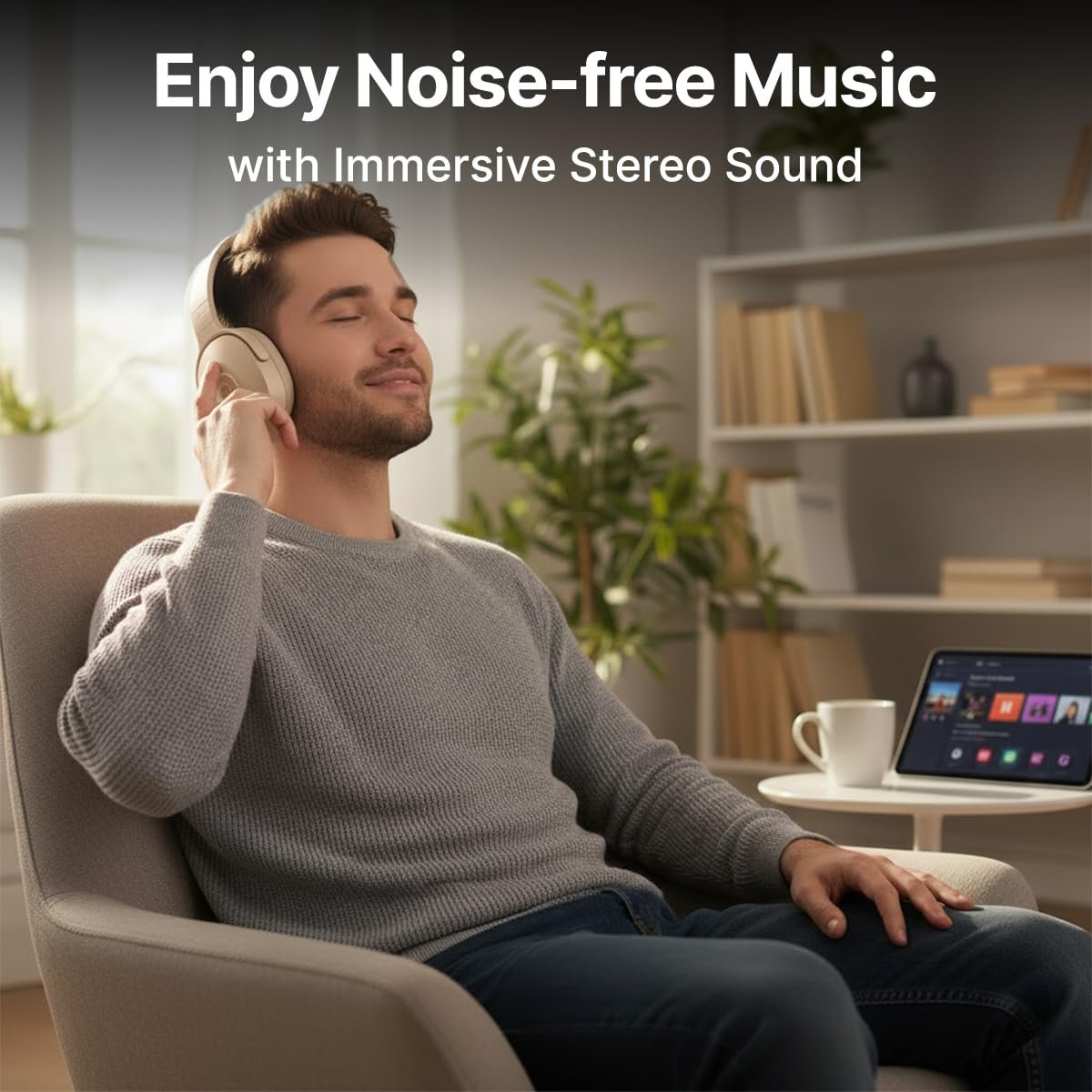 pTron Studio w/ 60Hrs Playtime, Wireless Over-Ear Headphones with HD Mic, Immersive Sound, 40mm Drivers, Bluetooth V5.4, Dual-Device Pairing, 3.5mm Aux Port, TF Card Slot & Type-C Fast Charging(Beige) - Image 5