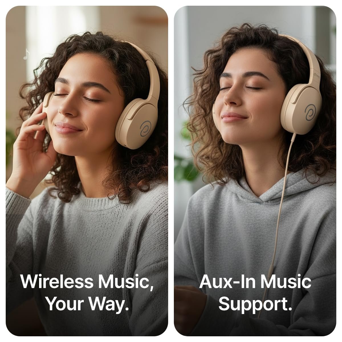 pTron Studio w/ 60Hrs Playtime, Wireless Over-Ear Headphones with HD Mic, Immersive Sound, 40mm Drivers, Bluetooth V5.4, Dual-Device Pairing, 3.5mm Aux Port, TF Card Slot & Type-C Fast Charging(Beige) - Image 6