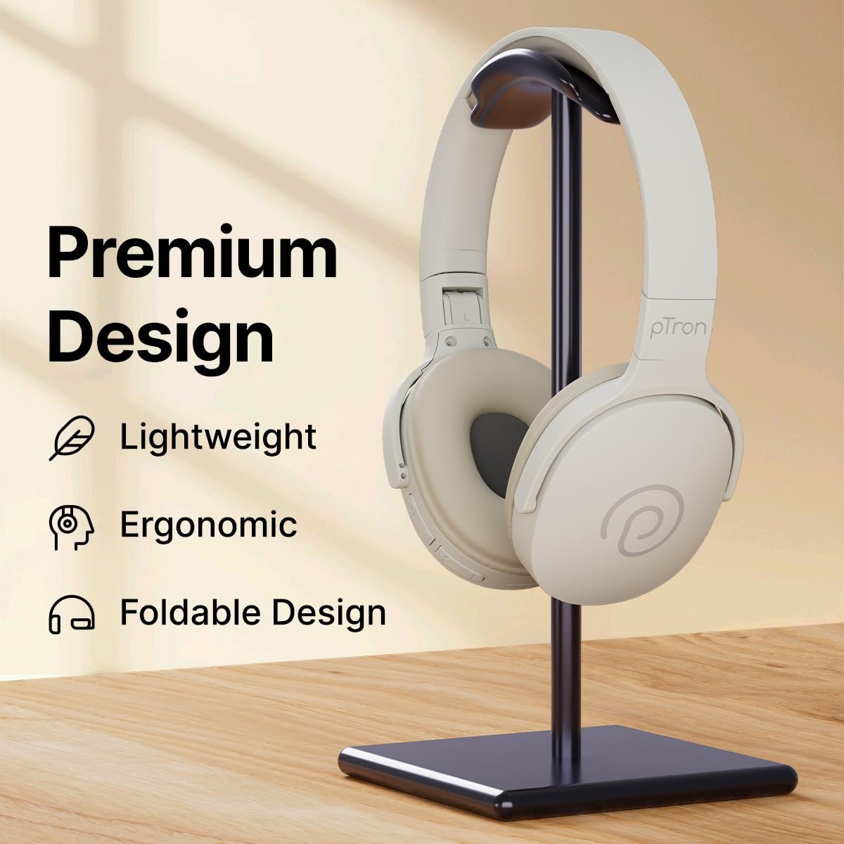 pTron Studio w/ 60Hrs Playtime, Wireless Over-Ear Headphones with HD Mic, Immersive Sound, 40mm Drivers, Bluetooth V5.4, Dual-Device Pairing, 3.5mm Aux Port, TF Card Slot & Type-C Fast Charging(Beige) - Image 11