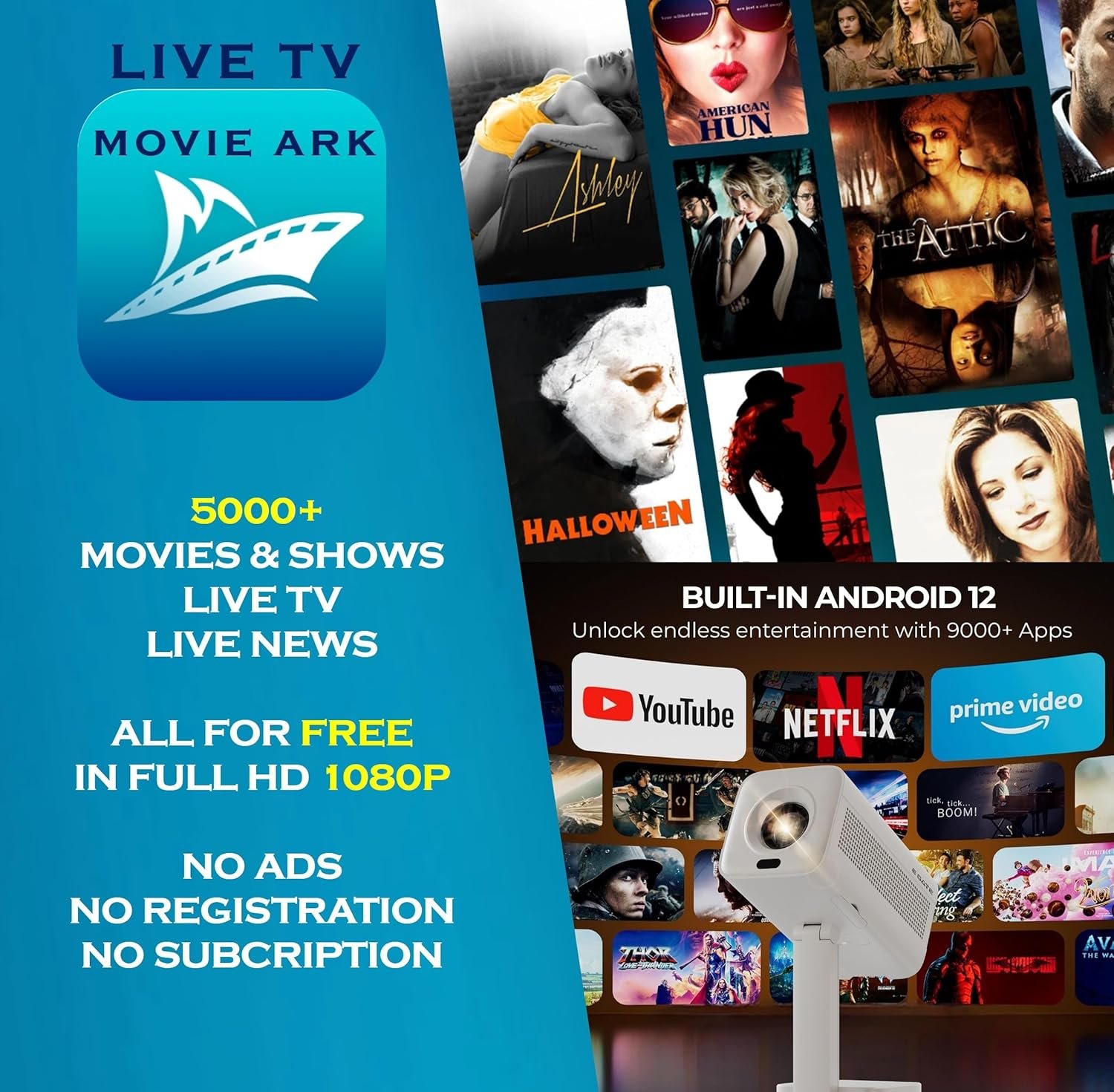 E GATE Atom 4X Automatic Projector 4k Ultra HD | Live TV | Android | Brightest 400 ISO | Native 1080p, Netflix, Prime | Precision Focus - Auto Keystone | USB-HDMI ARC+CEC | HDR+HLG | WiFi 6-BT | Egate - Image 4