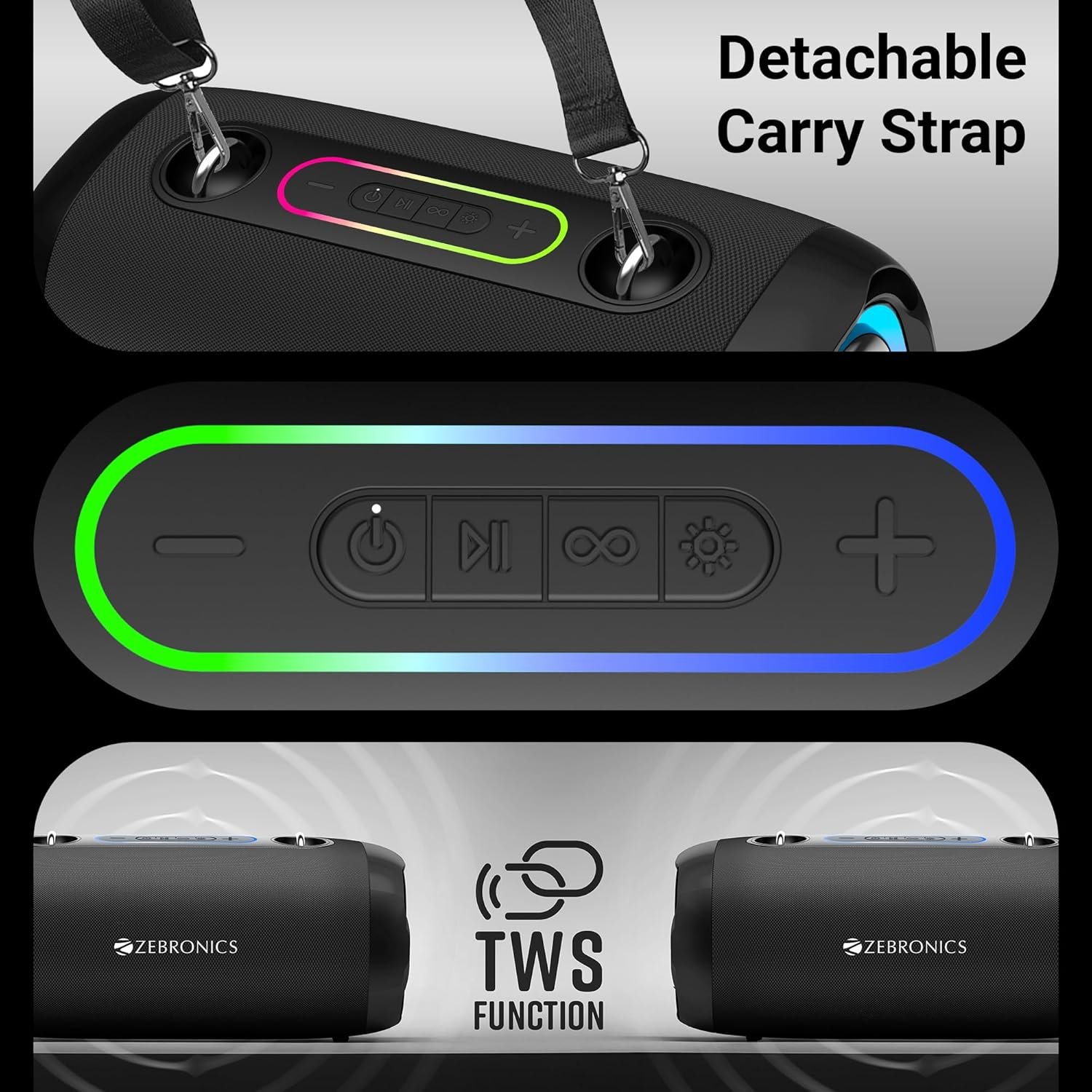 ZEBRONICS Sound Feast 85, Portable Bluetooth Speaker, 30 Watts, Upto 7 Hours Playback, Dual Passive Radiator, BTv5.3 | TWS | USB, RGB LED, Call Function, Carry Strap, Deep Bass (Black) - Image 3