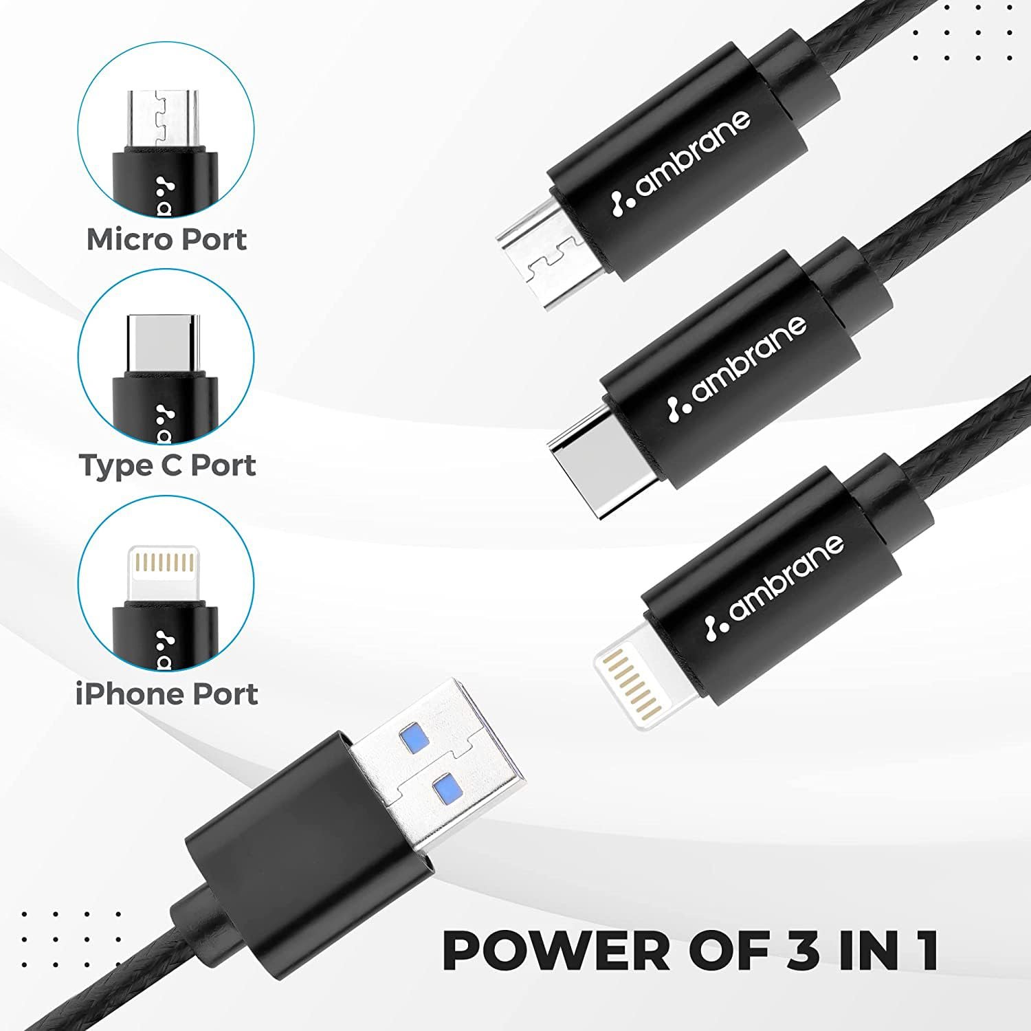 Ambrane Unbreakable 3 in 1 USB Fast Charging USB Cable with Type C, Lightning, Micro USB Port with 2.1 A, Compatible with iPhone, iPad, Samsung, OnePlus, Mi, Oppo, Vivo, Xiaomi, 1.25M (Trio-11, Black) - Image 3