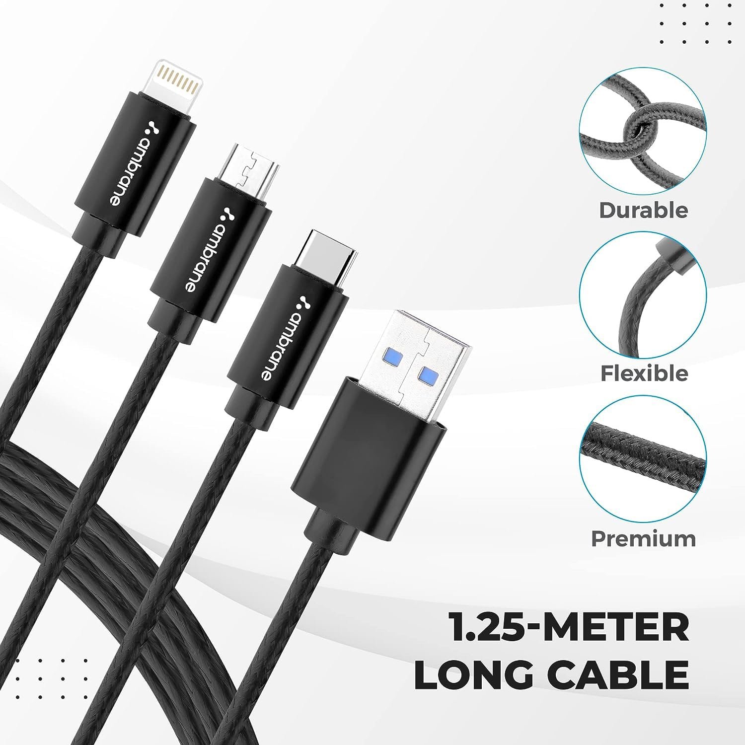 Ambrane Unbreakable 3 in 1 USB Fast Charging USB Cable with Type C, Lightning, Micro USB Port with 2.1 A, Compatible with iPhone, iPad, Samsung, OnePlus, Mi, Oppo, Vivo, Xiaomi, 1.25M (Trio-11, Black) - Image 5