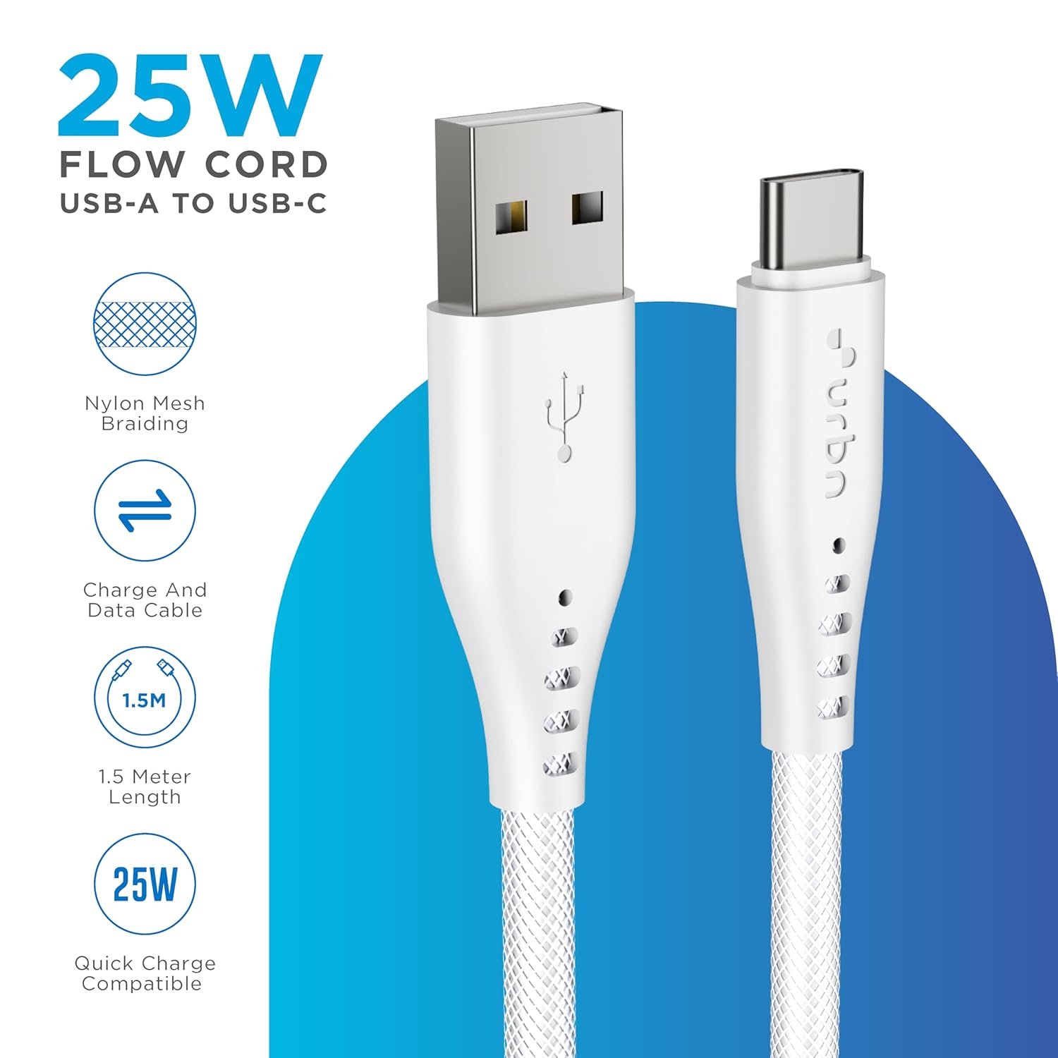 URBN Flow Cord 25W Super Fast Charging Cable | USB-A to Type C | Supports Apple Car Play & Android Auto| Super Fast Charging and Data Transfer | Nylon Braided 1.5 Meter | 6 Months Warranty (White) - Image 3