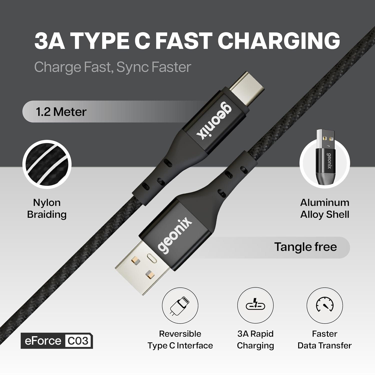 Geonix eForce C03 3A Type-C Fast Charging Cable, 1.2m Braided USB-C Data & Charging for Android Smartphones, Tablets, Laptops – Quick Charge & High-Speed Sync (Black) - Image 3
