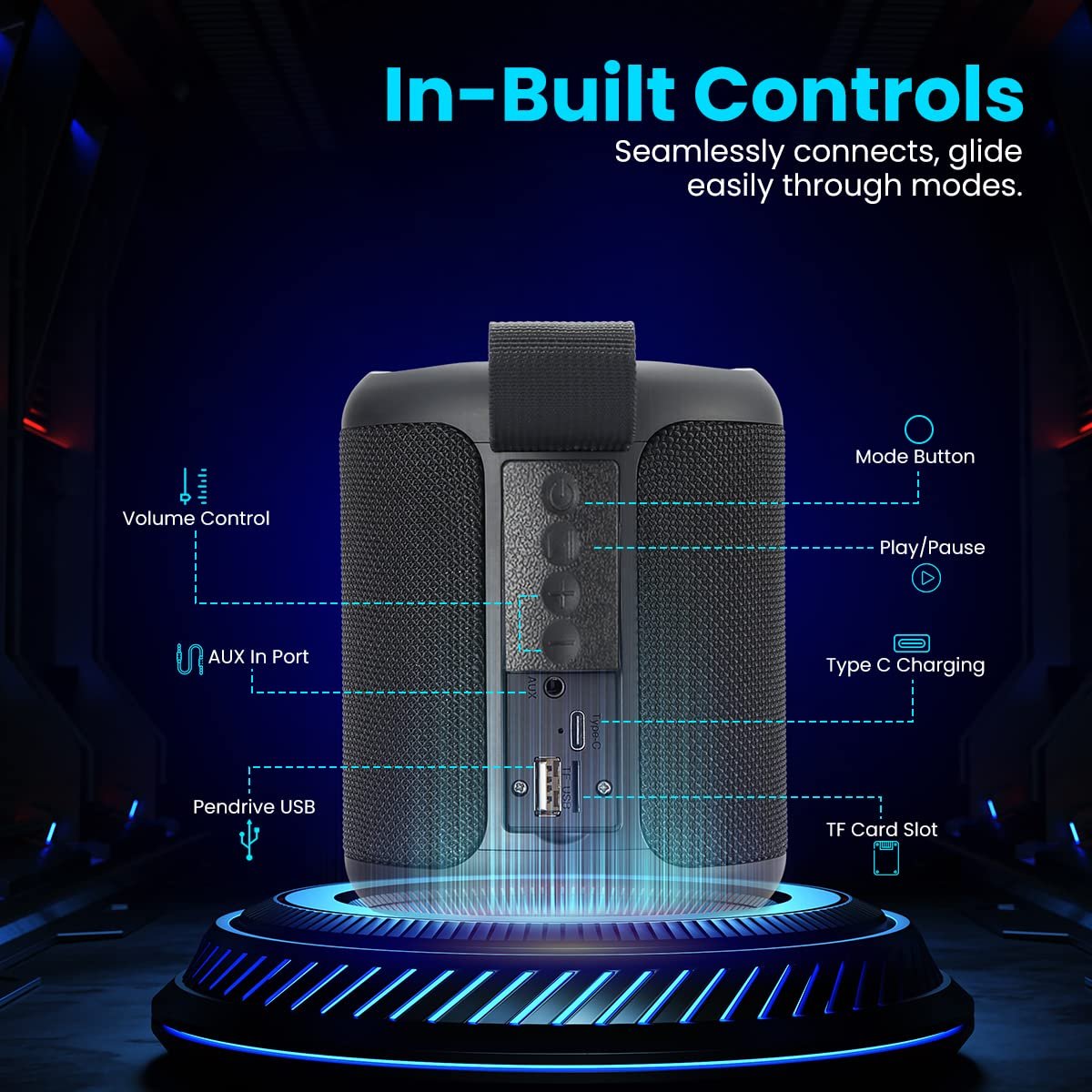 Portronics SoundDrum P 20W Portable Bluetooth Speaker with 6-7 hrs Playback Time, Handsfree Calling, USB Slot, Aux-in Port, Type C Charging (Black) - Image 7