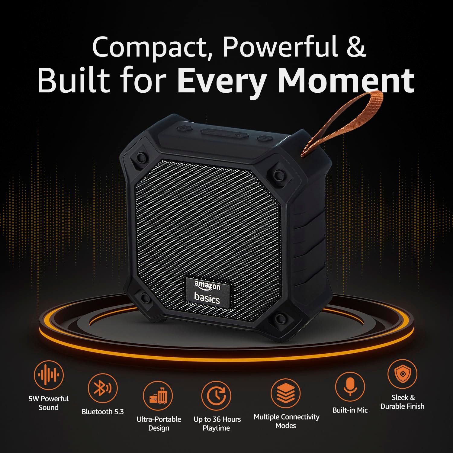amazon basics 5W Bluetooth 5.3 Speaker, Upto 36 Hrs Playtime, True Wireless Technology, Built in Mic, Multiple Connectivity Modes (Black) - Image 3