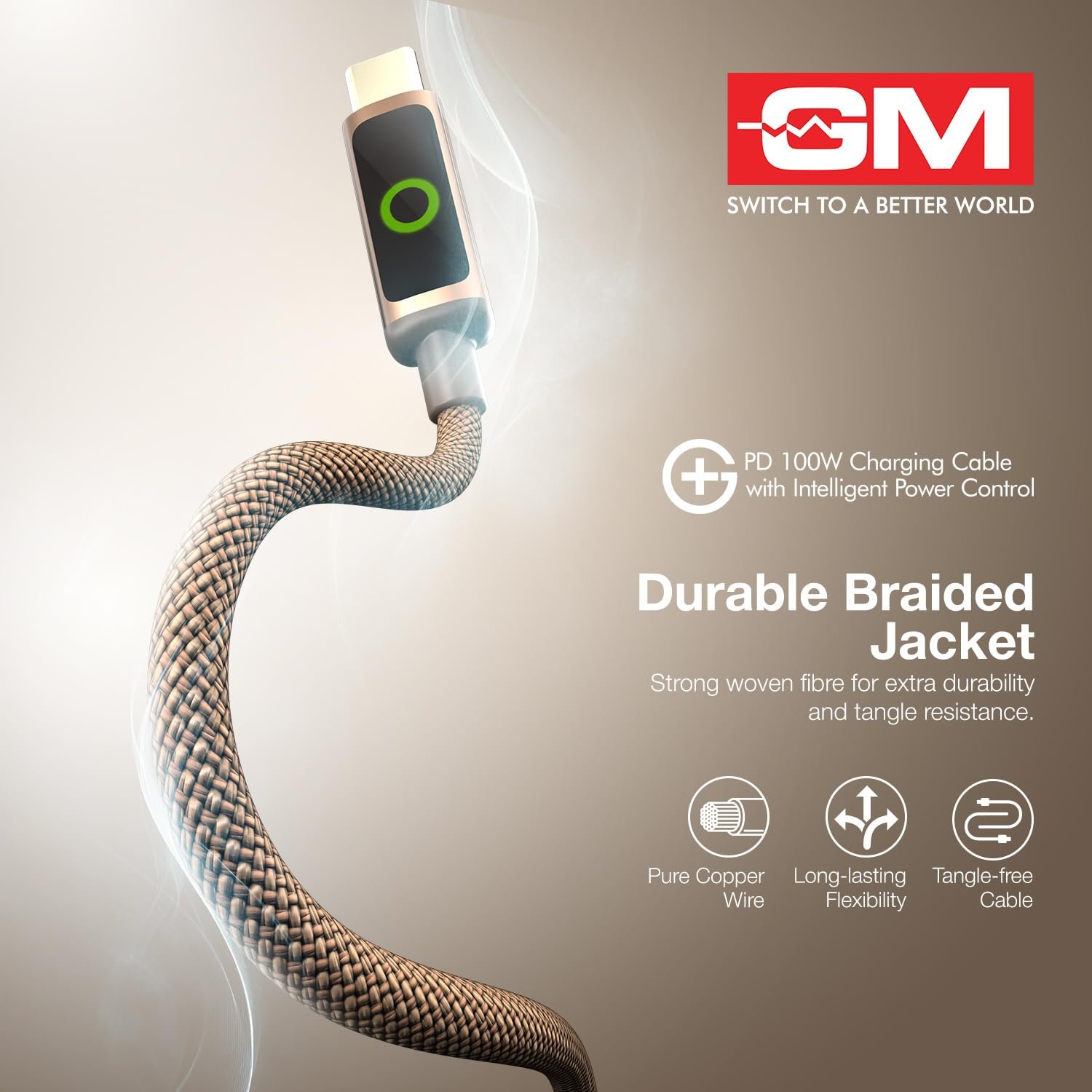 G+ PD 100W Charging Cable with Intelligent Power Control | Smart Auto Cutoff, LED Indicator, 480Mbps Data Transfer, 120cm Tangle-Free Cord, Fast Charging for Laptops, Tablets & High-Power Devices. - Image 3
