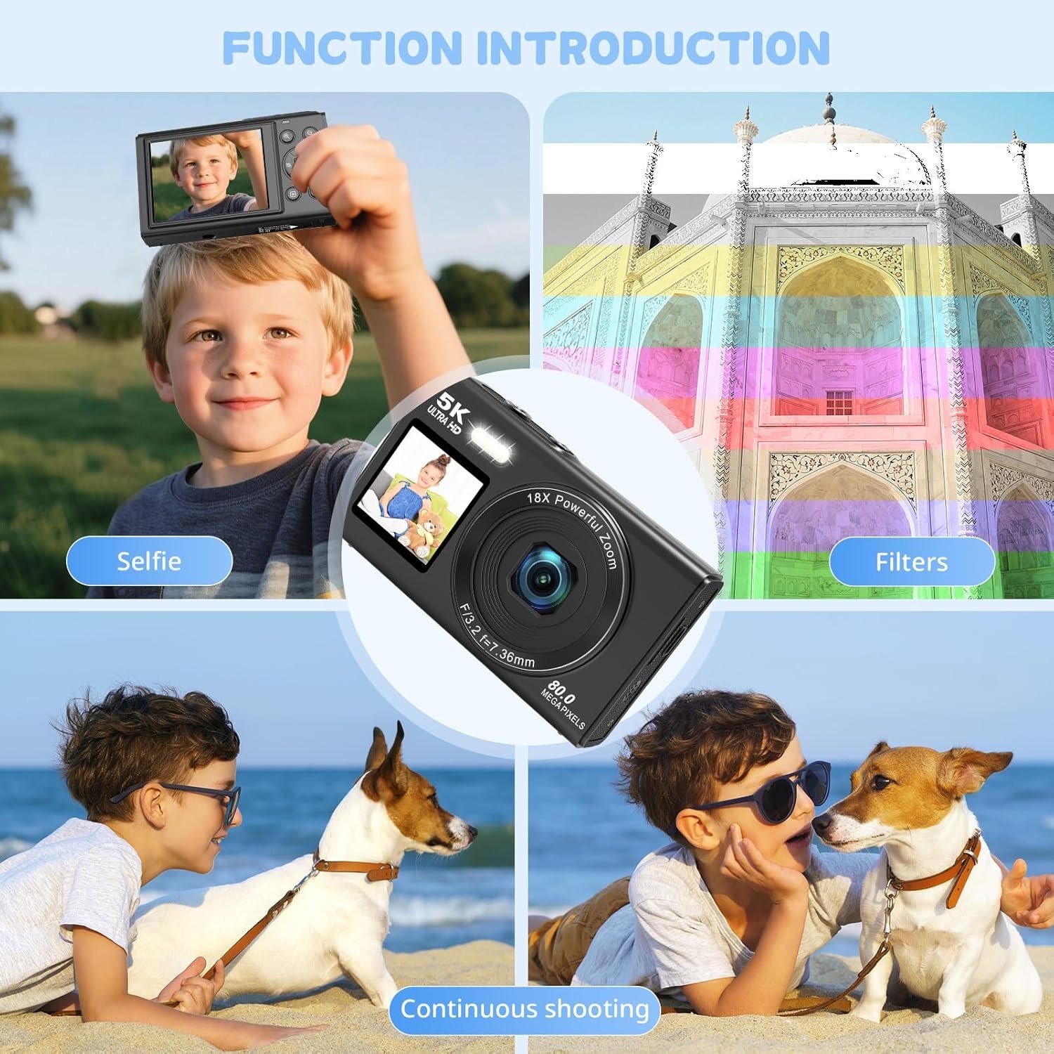 5K 80MP Digital Camera with Fill Light & 16X Zoom - Dual Screen Vlogging Camera for YouTube/Blogging, WiFi, 32GB TF Card, 2 Batteries, 2.8" LCD, Camera Strap (X9-Black) - Image 4