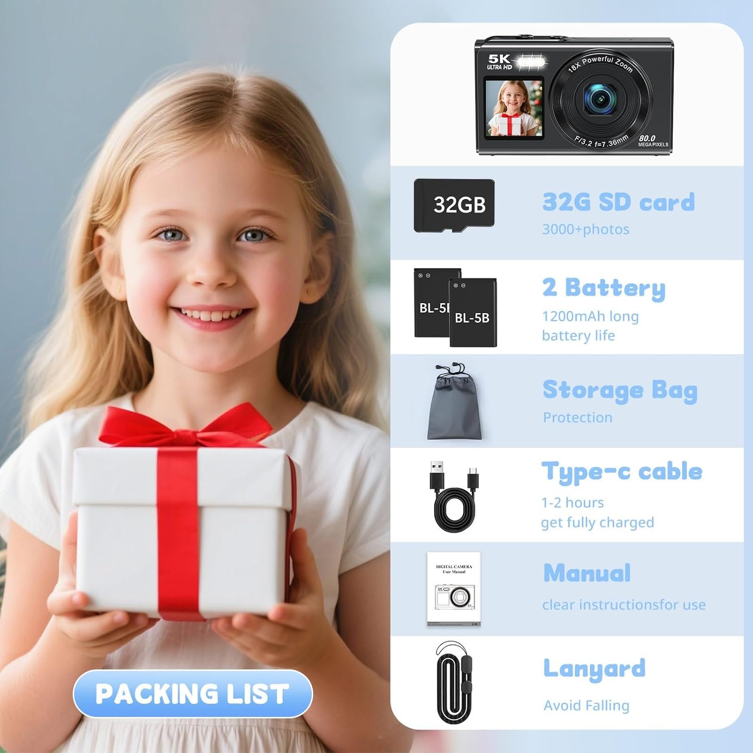 5K 80MP Digital Camera with Fill Light & 16X Zoom - Dual Screen Vlogging Camera for YouTube/Blogging, WiFi, 32GB TF Card, 2 Batteries, 2.8" LCD, Camera Strap (X9-Black) - Image 8