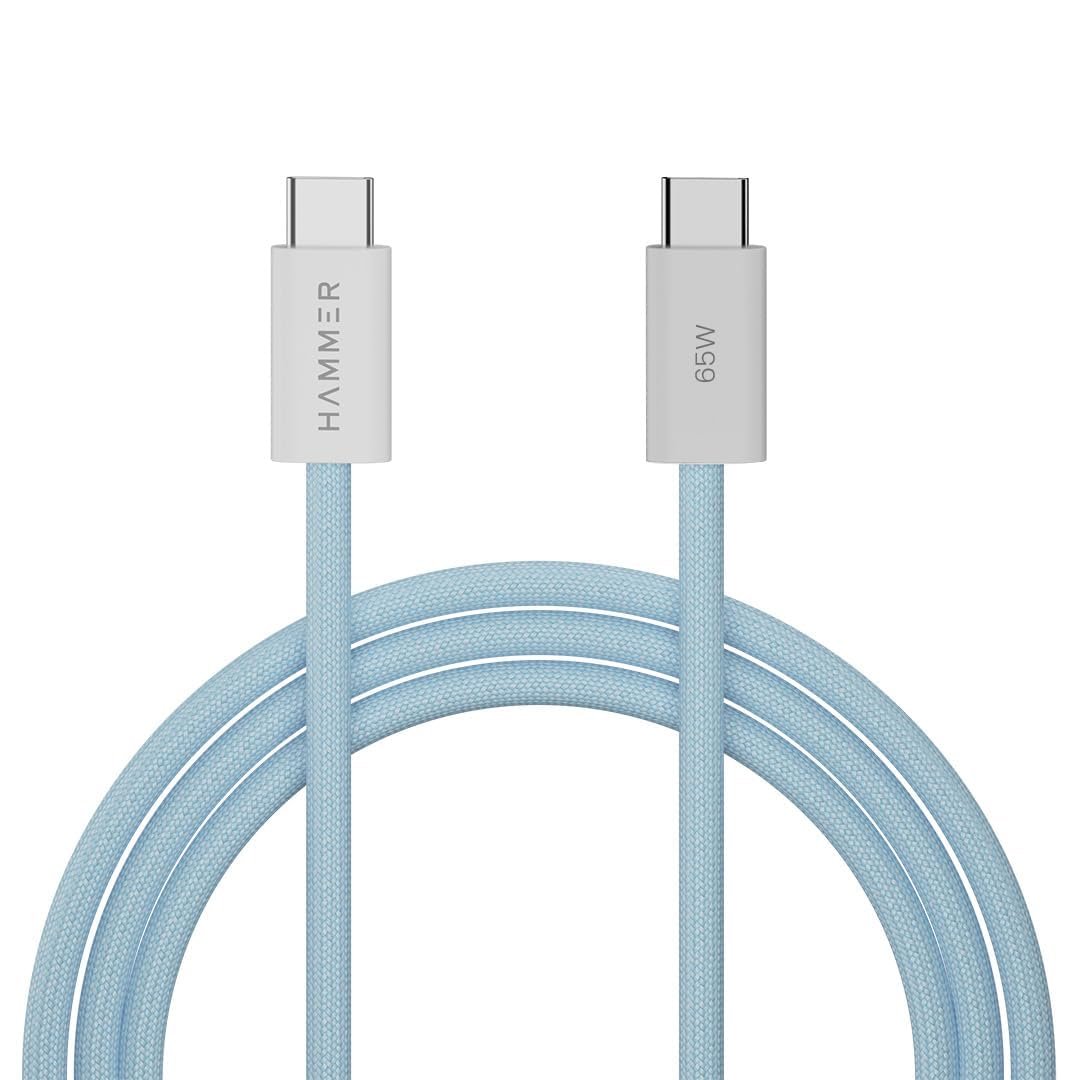 HAMMER Type C to Type C Cable 65W Braided, PD Fast Charging, Data Sync, 1.5 Meter Tangle Free Wire, Compatible with all C-Type Enabled Devices (Blue) - Image 3