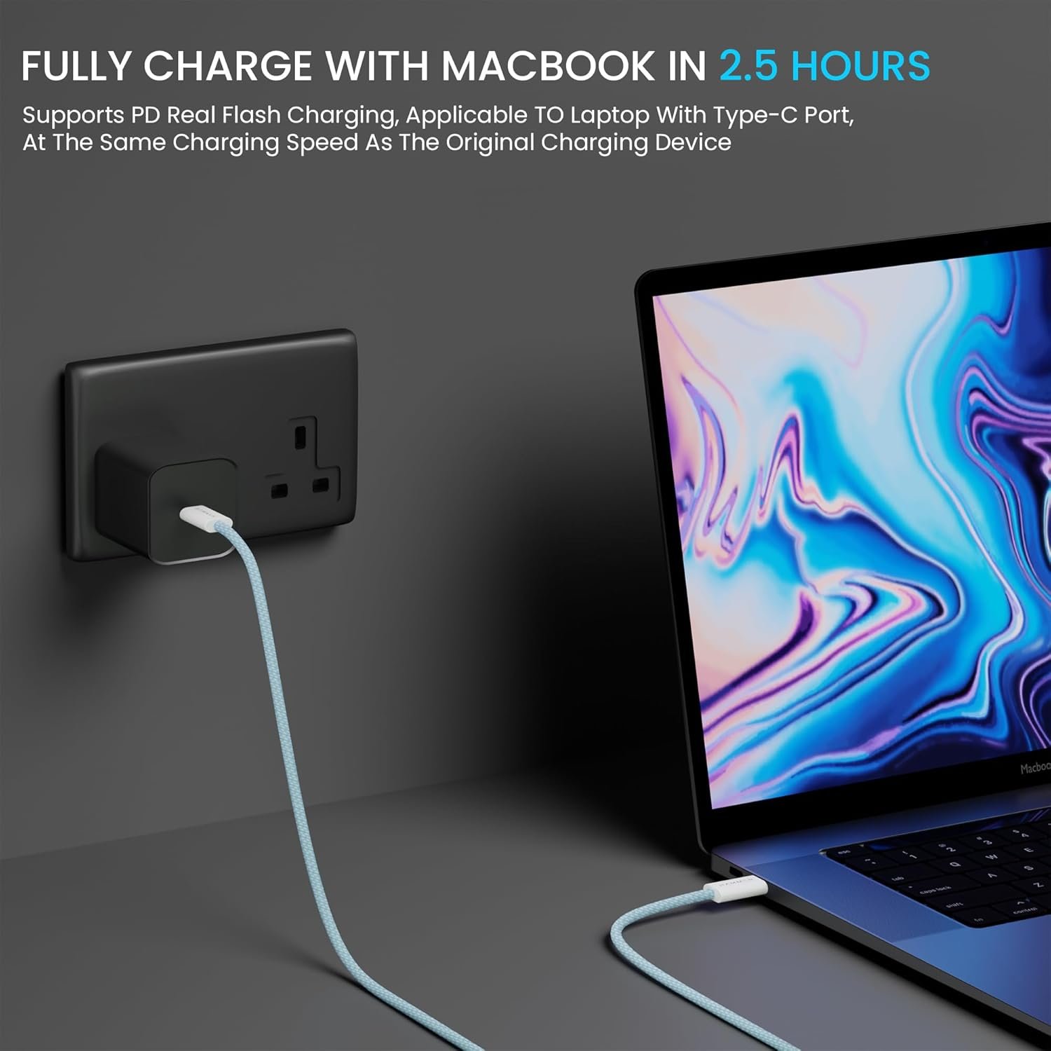 HAMMER Type C to Type C Cable 65W Braided, PD Fast Charging, Data Sync, 1.5 Meter Tangle Free Wire, Compatible with all C-Type Enabled Devices (Blue) - Image 9