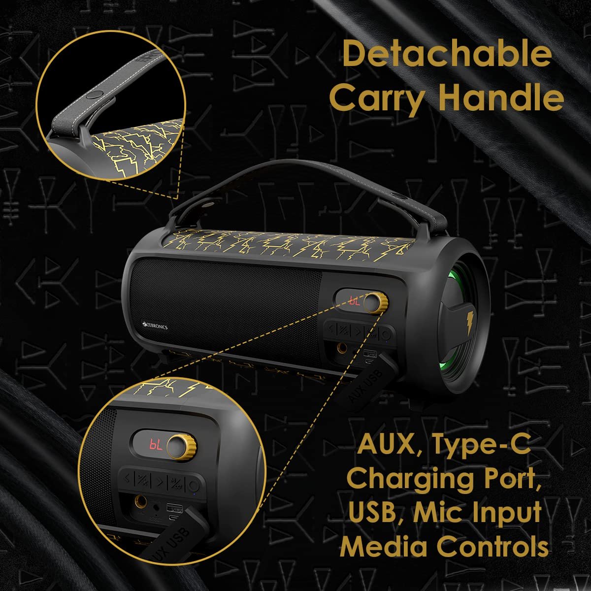 ZEBRONICS DC Black ADAM Edition Rocket 500 Bluetooth 5.0 Portable Speaker 20W RMS, TWS, 10 Hour Backup, Built-in Rechargeable Battery, RGB Lights, Detachable Handle, Wired mic Port & Type C - Image 5