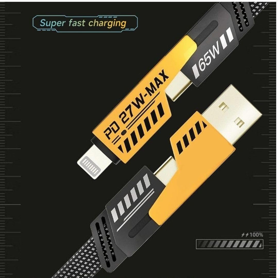 FLAT WIRE cable 4 in 1 Fast Charging Cable, 65W Braided Multi Charging Port with USB C, USB A, and Lightning Connectors, 3.3 Ft, Compatible with Phones, Tablets, Laptops - Image 3