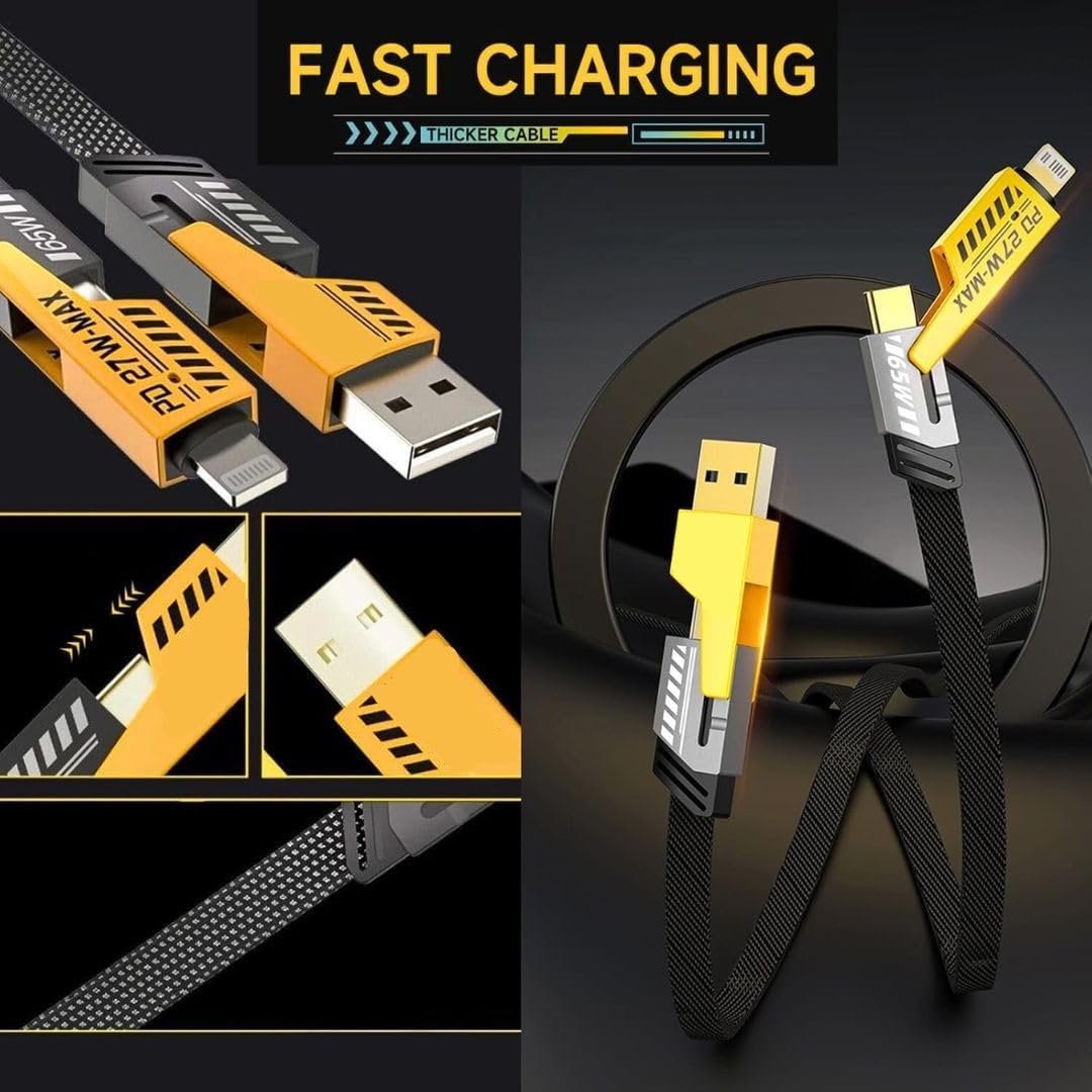 FLAT WIRE cable 4 in 1 Fast Charging Cable, 65W Braided Multi Charging Port with USB C, USB A, and Lightning Connectors, 3.3 Ft, Compatible with Phones, Tablets, Laptops - Image 4