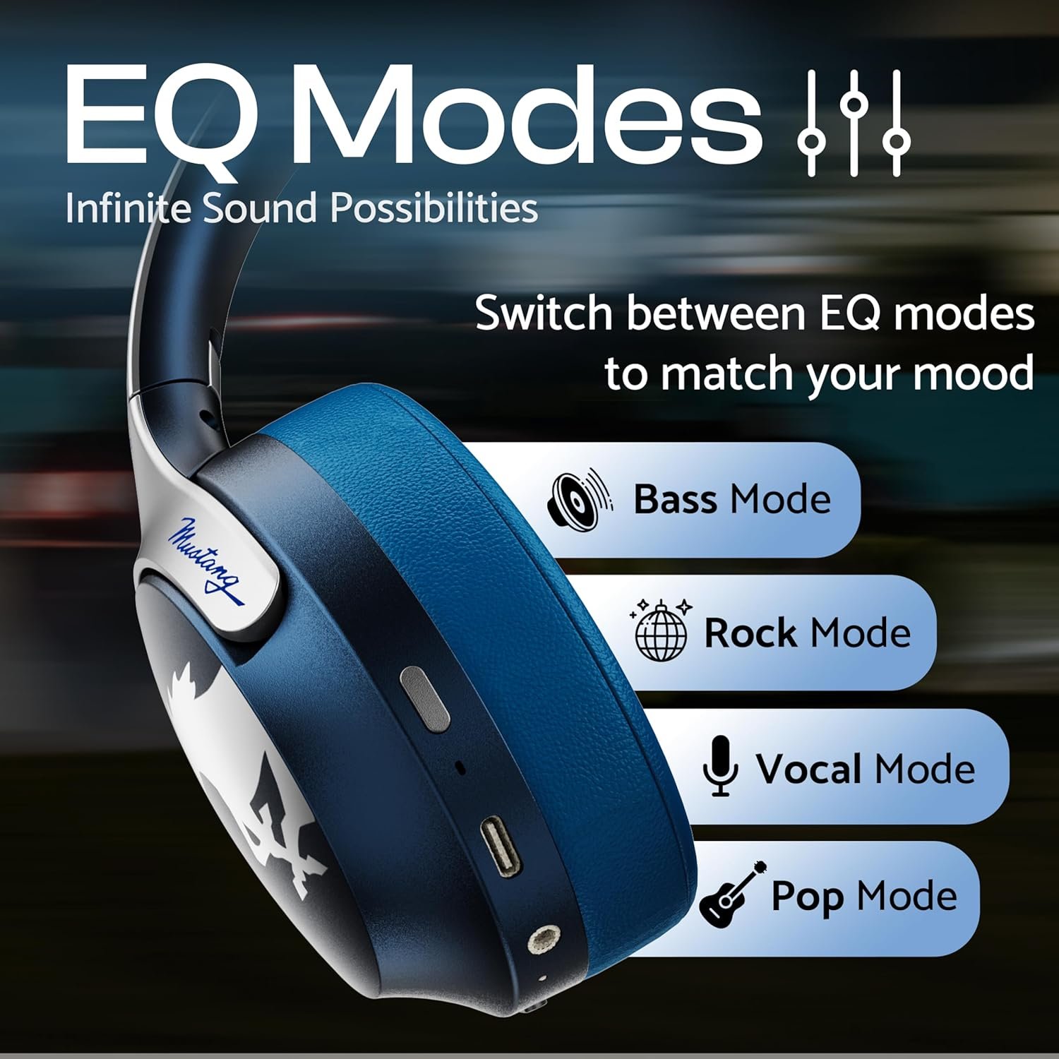 Mustang Q Over Ear Bluetooth Headphones 70H Playtime, 40mm Bass Drivers, Zen ENC Mic, Type-C Fast Charging, 4 EQ Modes, Bluetooth 5.4, AUX Option, IPX5 Wireless Headphones - Image 5