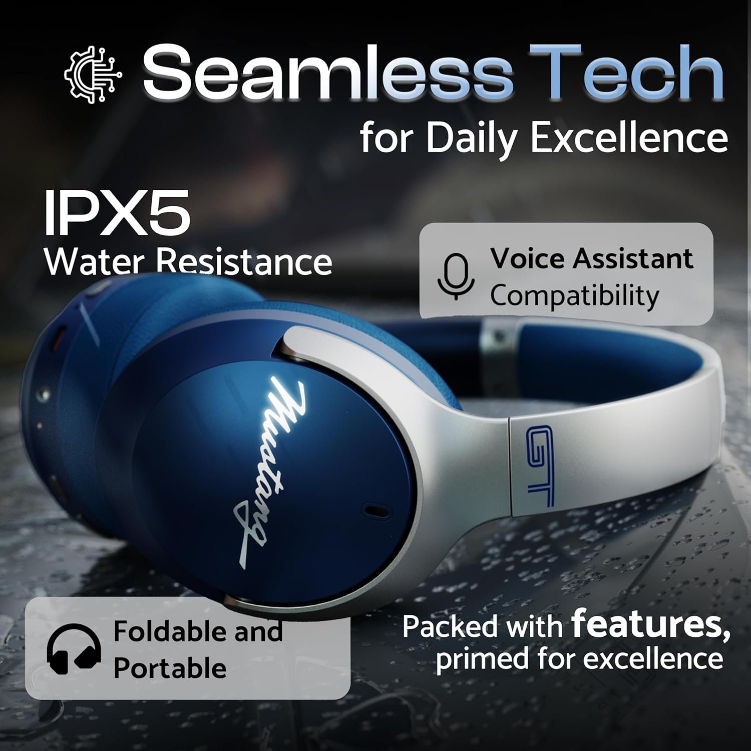 Mustang Q Over Ear Bluetooth Headphones 70H Playtime, 40mm Bass Drivers, Zen ENC Mic, Type-C Fast Charging, 4 EQ Modes, Bluetooth 5.4, AUX Option, IPX5 Wireless Headphones - Image 10