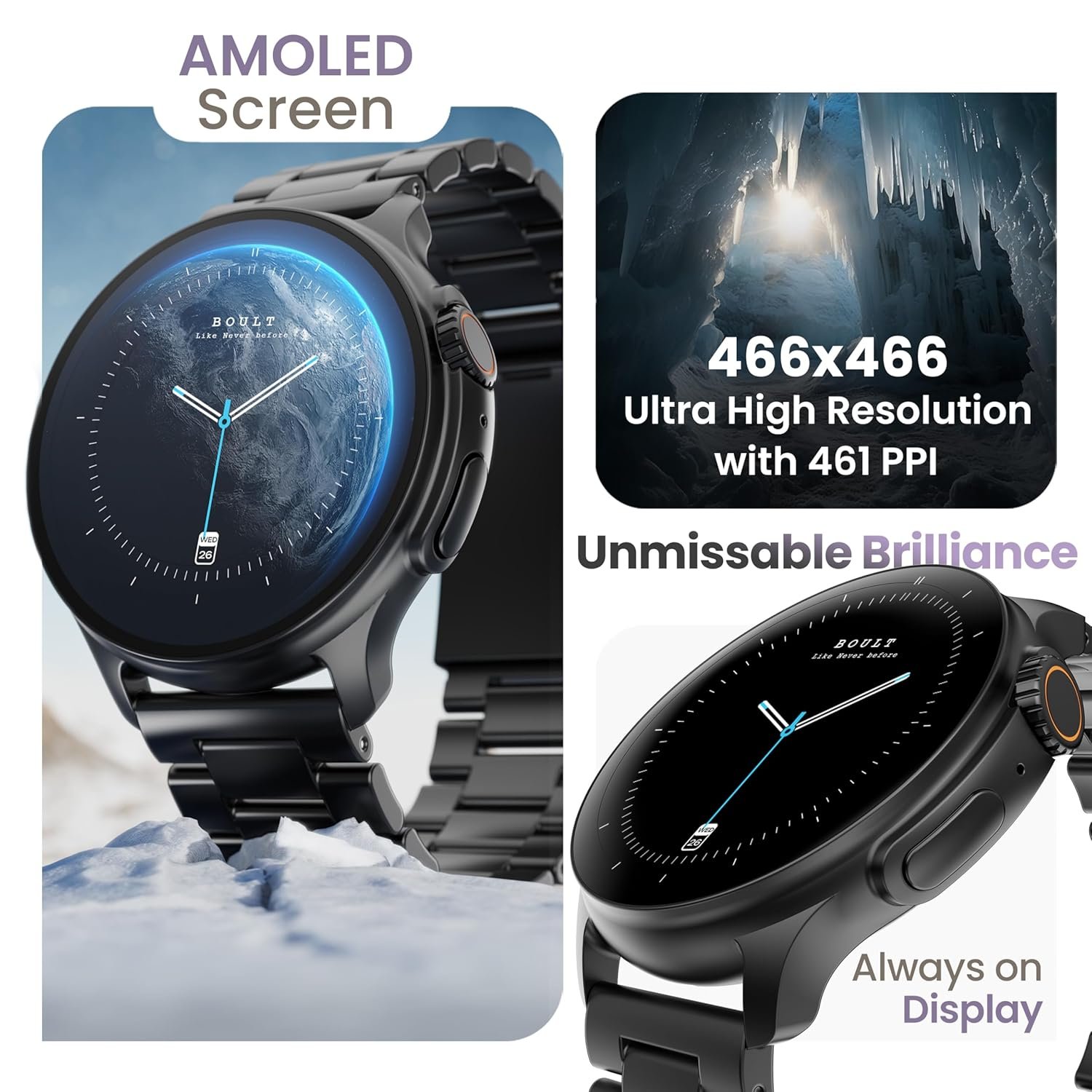 Boult GOBOULT (Formerly Newly Launched Crown R Pro Smart Watch 1.43''HD AMOLED, Working Crown, Zinc Alloy Frame,600Nits Brightness, AI Voice Assistant, SpO2 Monitoring, 120+ Sports Mode(Metal Black) - Image 3