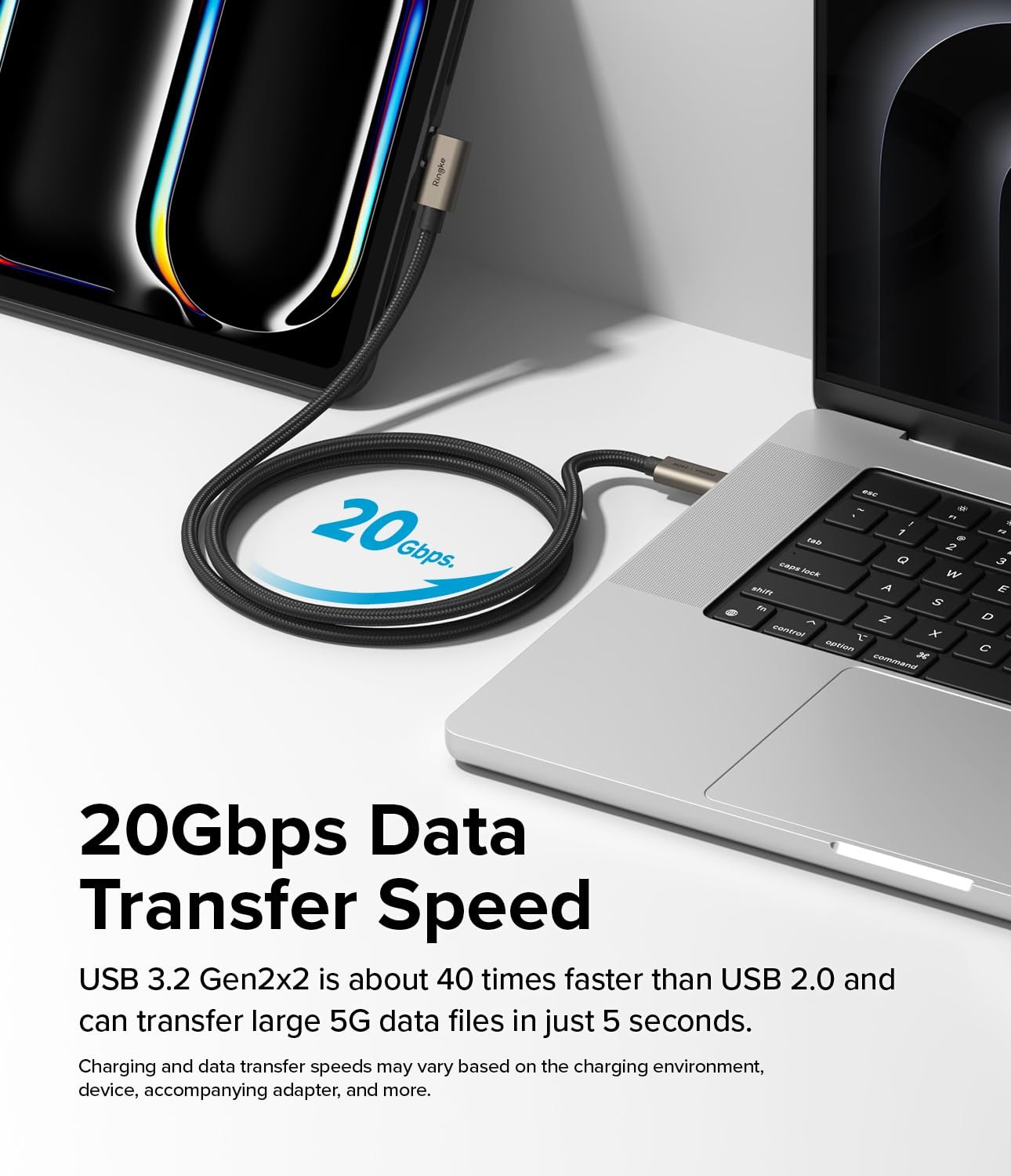 Ringke 90 Degree USB 3.2 Gen 2x2 USB-C Cable [2M / 240W] Right Angle Type C to C Fast Charging Nylon Braided Charger Cord Designed for iPhone 16 15 Series, Samsung Galaxy Series etc. - Black - Image 6