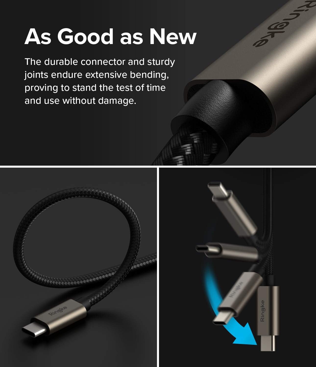 Ringke 90 Degree USB 3.2 Gen 2x2 USB-C Cable [2M / 240W] Right Angle Type C to C Fast Charging Nylon Braided Charger Cord Designed for iPhone 16 15 Series, Samsung Galaxy Series etc. - Black - Image 9