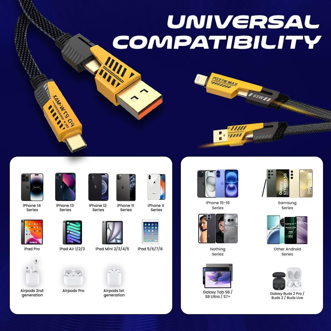 65W 4 in 1 Fast Charging Cable for Xiaomi Redmi 14C Original Quick Charge Cable Speed Upto 3.1 Amp for Micro USB, iOS Type-C Devices Mobile Tablet PC Laptop with 1.2m - (Black, SJT.N) - Image 6