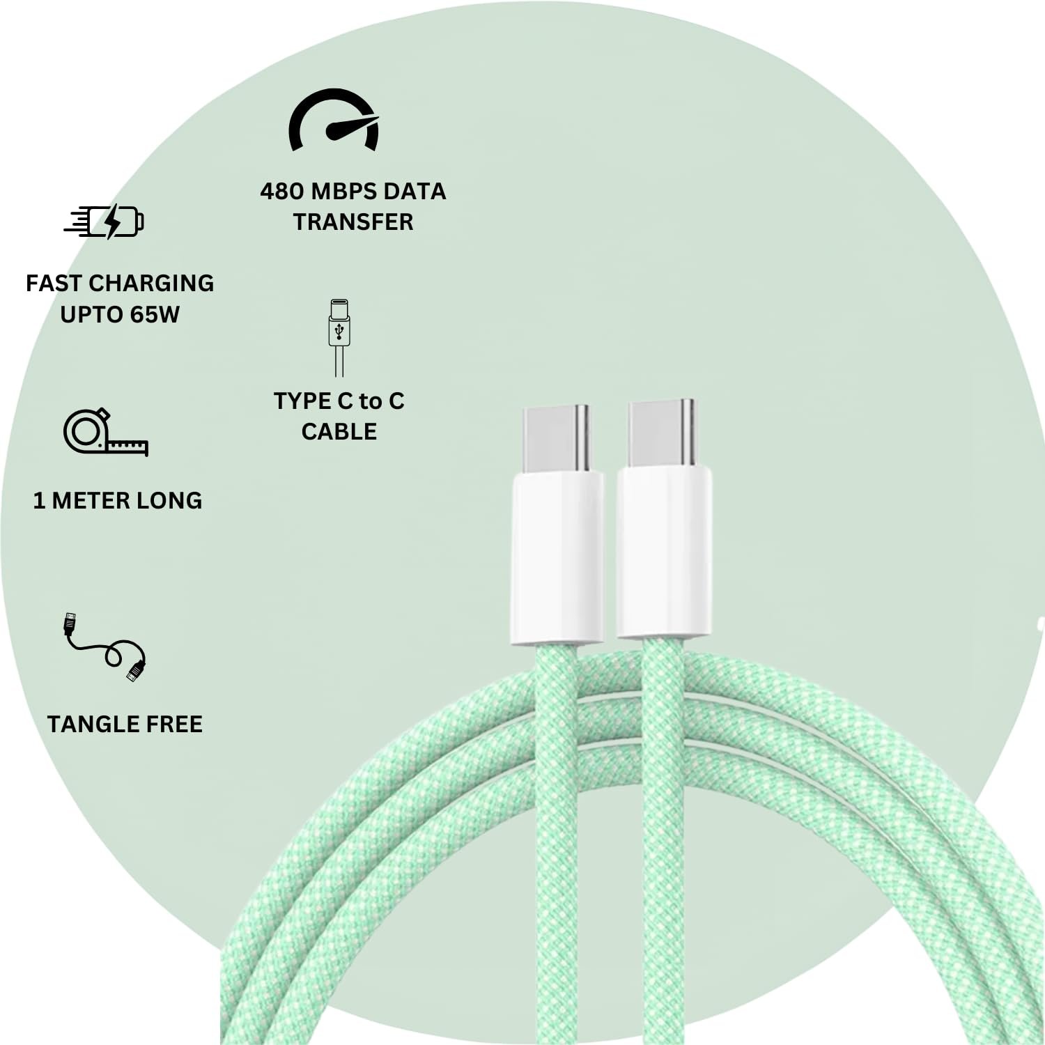 Original USB-C to C Type Braided 1M Fast Charging Cable Compatible for iPhone 16/16 Pro/Max/15/15 Pro/Max/Samsung Galaxy S24/S23/S22/S21/iPad & More-White-Pack Of 1 Green - Image 3