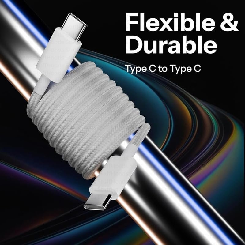 80W Original 1 Meter Nylon Braided Type C to Type C Cable for Infinix S5 lite Original Like Smartphones, Tablets, Laptops & Other Type C Devices, PD Technology, 480Mbps Data Sync (AZ71, WHITE) - Image 3