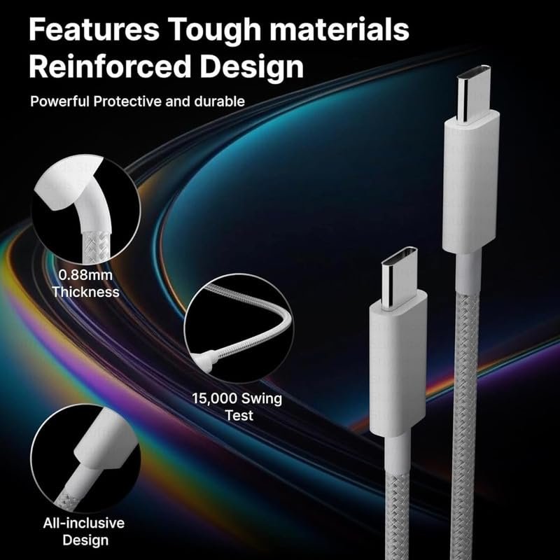 80W Original 1 Meter Nylon Braided Type C to Type C Cable for Infinix S5 lite Original Like Smartphones, Tablets, Laptops & Other Type C Devices, PD Technology, 480Mbps Data Sync (AZ71, WHITE) - Image 6