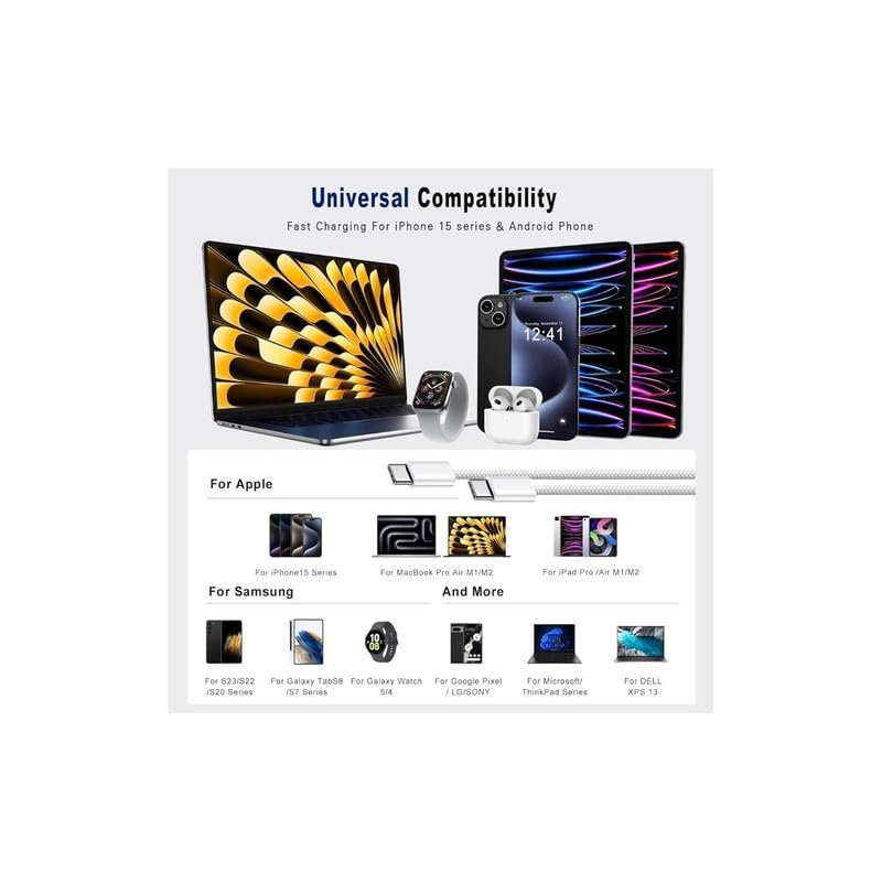 80W Original 1 Meter Nylon Braided Type C to Type C Cable for Infinix S5 lite Original Like Smartphones, Tablets, Laptops & Other Type C Devices, PD Technology, 480Mbps Data Sync (AZ71, WHITE) - Image 10