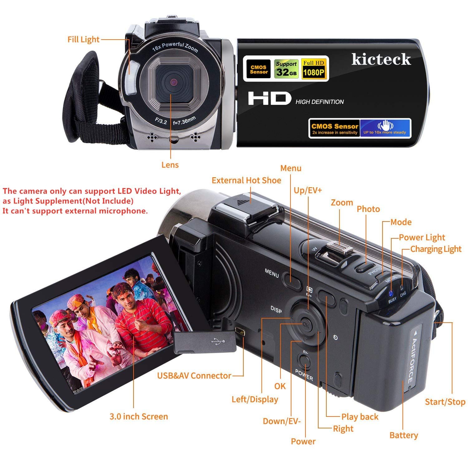 Video Camera Camcorder Digital YouTube Vlogging Camera Recorder kicteck Full HD 1080P 15FPS 24MP 3.0 Inch 270 Degree Rotation LCD 16X Digital Zoom Camcorder with 2 Batteries(604s) Black - Image 3