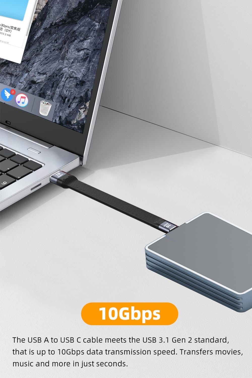 Tobo SB C Cable 5.3 inch, USB A to USB C 60W Fast Charging Cable Supports 10Gbps Data Transfer for Portable SSD, Power Bank, Android Auto, Laptop, Tablet, Phone (TD-1171CC) - Image 3