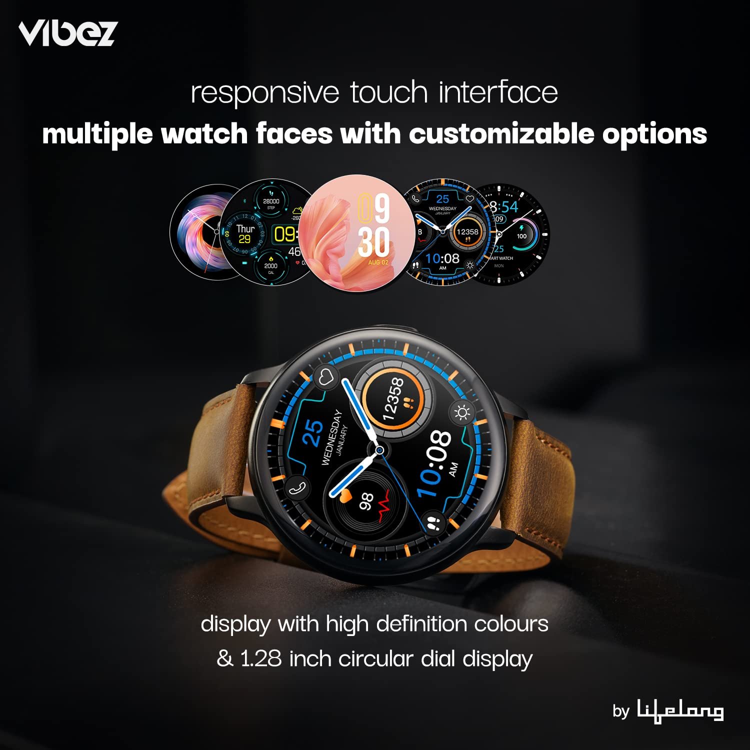 Vibez by Lifelong Emerald Men Smartwatch with Bluetooth Calling|Multiple Straps (VBSWM189, 1 Year Manufacturer Warranty, Black) - Image 3