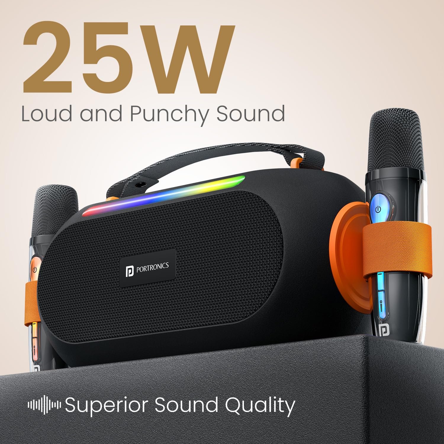 Portronics 25W Apollo 20 Wireless Bluetooth Portable Speaker with Dual Wireless Karaoke Mic, 5 Hour Playtime, RGB LED Light, Bluetooth V5.4, Easy Grab Handle, USB-A Port, Type C Charging(Black) - Image 3